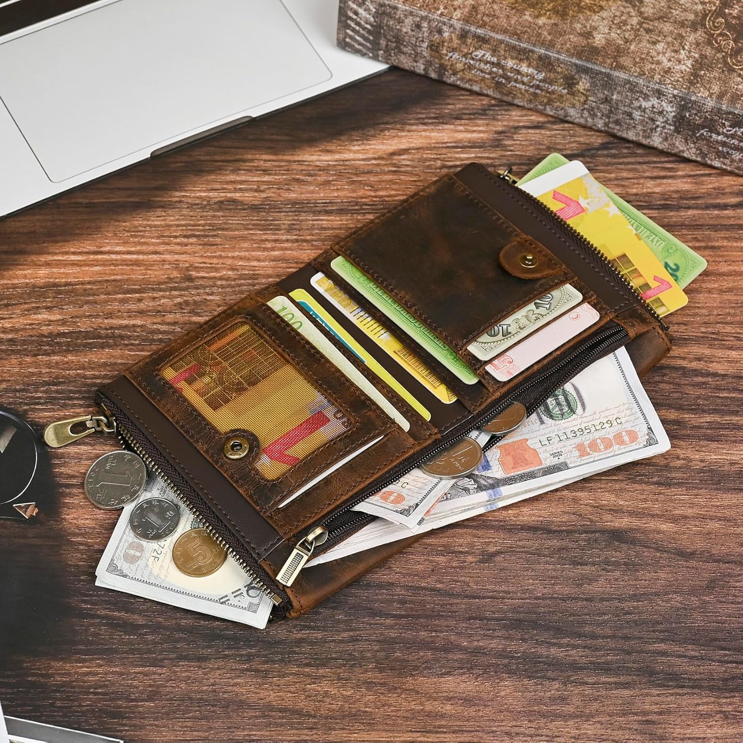 Oil Wax Genuine Leather Travel Gift Coin Pocket Card Case Vertical Chain Rfid Wallet Purse With Snap For Men Male 1802 (Brown) - Image 7