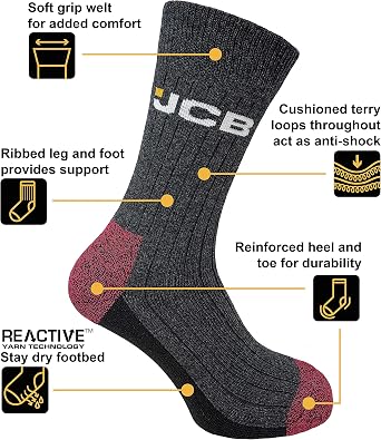 JCB Workwear Socks - Mens 3 Pack - Reinforced Heels & Toes - Boot Socks - Assorted Black - UK 6-11, EUR 39-46