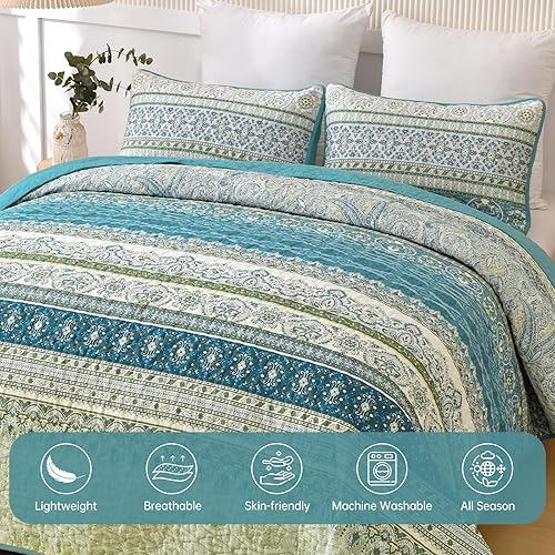 Miniatura 5 de WONGS BEDDING Juego de edredón bohemio tamaño Queen, juego de edredón de 3 piezas de rayas bohemias de Navidad, juego de edredón de microfibra