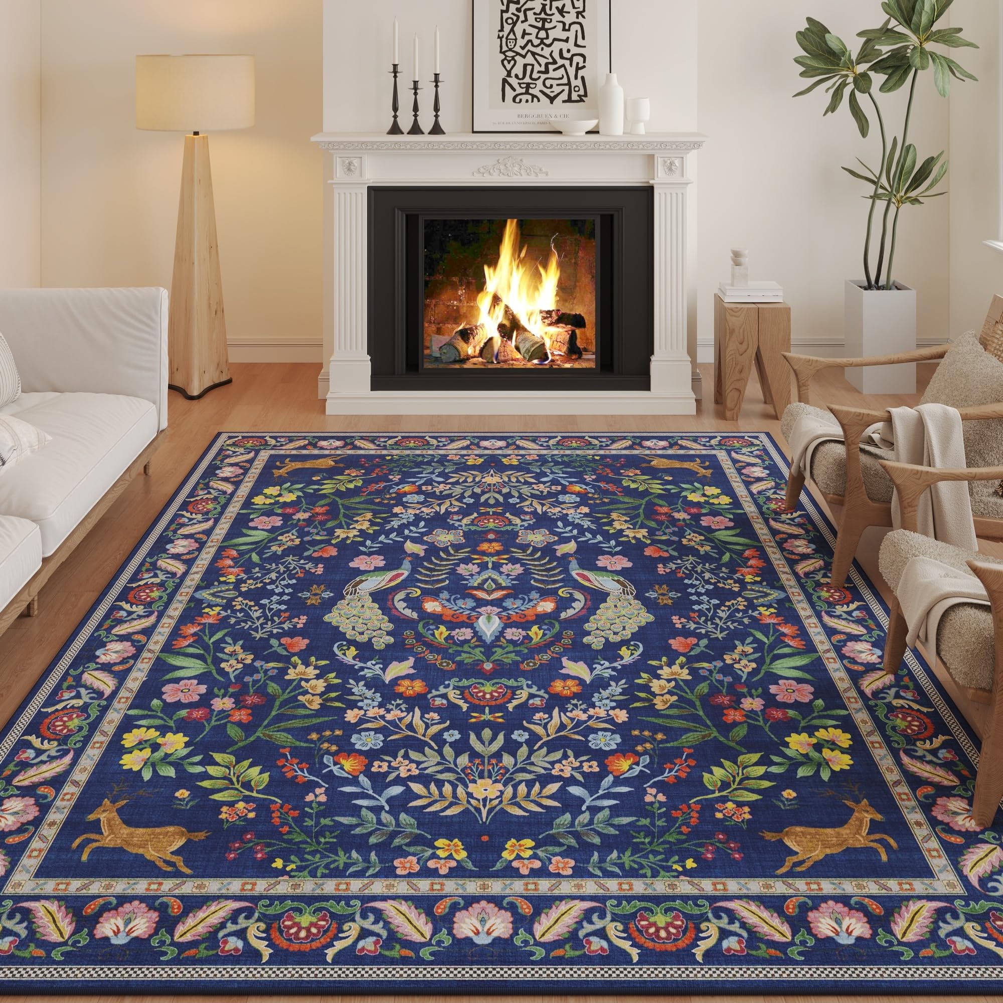 Rugcomf Living Room Rug 6x9 Rug Machine Washable Area Rug Floral Non-Slip Low Pile Large Rug for Living Room, Bedroom, Farmhouse, Dining Room, Kids Playroom(Blue) — image 1
