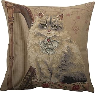 Charlotte Home Furnishings Cat with Harp Throw Pillow Cover 18" x 18" – Vintage Decorative Cat Tapestry Cushion Case for Sofa, Bed, or Chair | Cotton Jacquard Woven in Belgium | Insert Not Included