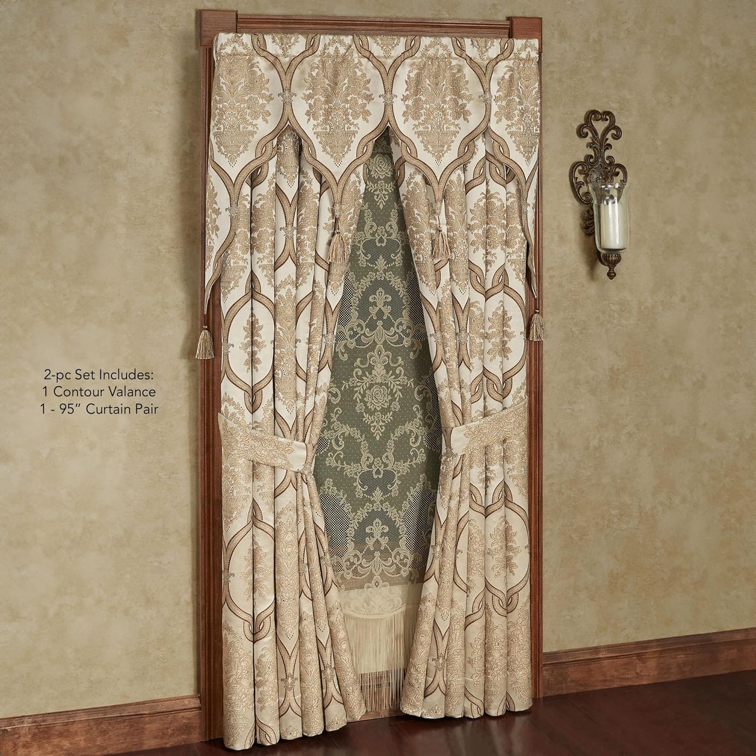 Luxurious Barrington Traditional Window Treatment | Sophisticated Jacquard Woven Damask Medallion Quatrefoil | Light Gold, Champagne, Chocolate | Drapery Set | Wide 95L Curtain Pair, Contour Valance