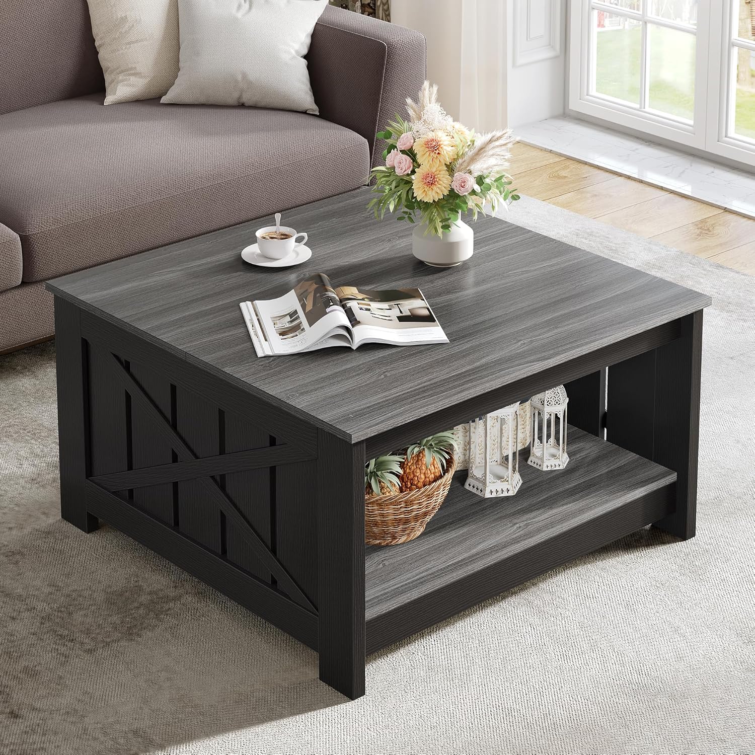 YITAHOME Farmhouse Coffee Table with Storage Rustic Wood Cocktail Table, Square Coffee Tables for Living Meeting Room with Half Open Storage Compartment, Grey and Black Without Drawer Grey and Black