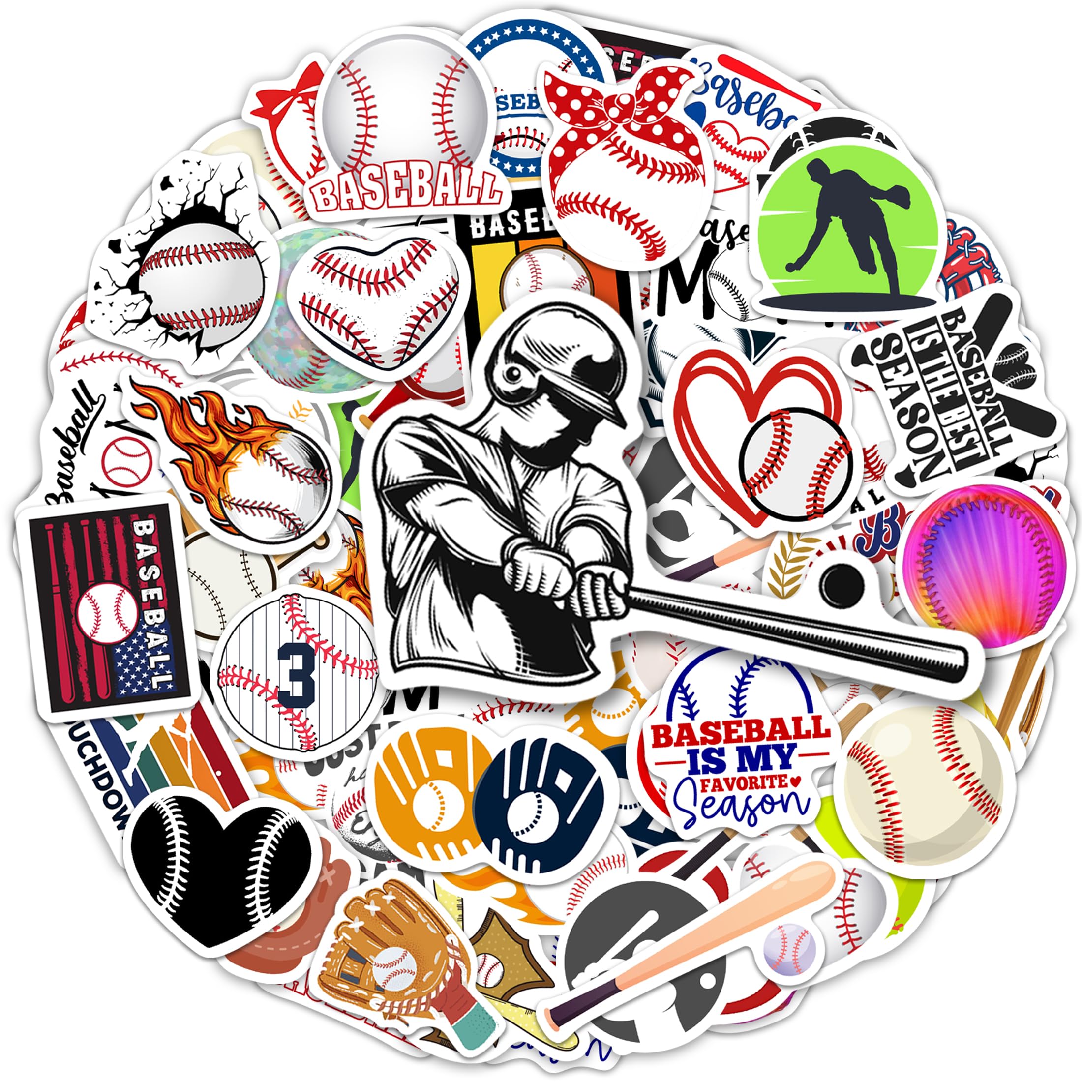 50PCS Sports Baseball Decal Water Bottle, Cool Waterproof Vinyl Baseball Theme Laptop Decal, Teens Kids Adults Players Baseball Helmet Sports