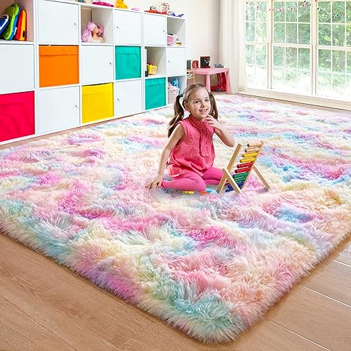 Miniatura 1 de JUNOVO - Alfombras suaves de arcoíris para habitación de niñas, alfombras coloridas y esponjosas para el suelo, alfombra de juego lanuda para niños,