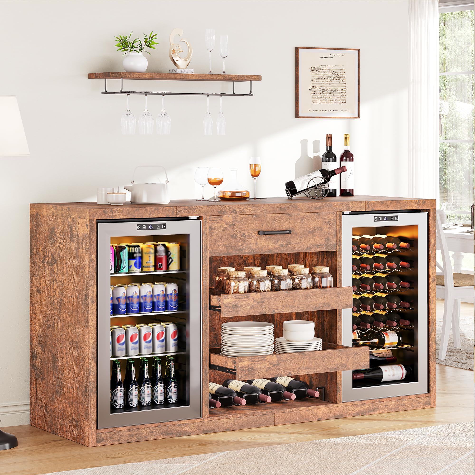 Photo 1 of Jocoevol Large Coffee Bar Cabinet with Fridge Space, Mini Fridge Cabinet with Power Outlets and Wine Rack, Farmhouse Design Liquor Cabinet for Living Room, Kitchen, Entryway, Rustic Brown