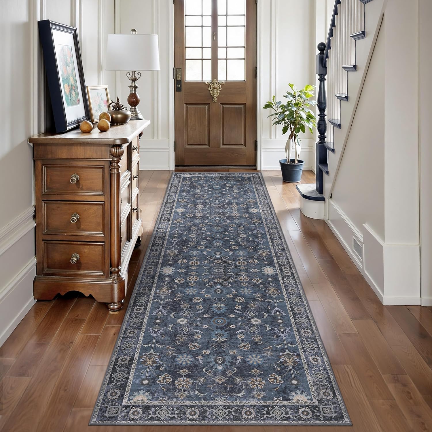 Tangsoo Washable Runner Rug for Hallway Non Slip, 2x8 Navy Blue Rug Floral Vintage Long Runner Rugs for Entryway, Floor Carpets Soft Low Pile Rug Runners for Kitchen Bathroom Laundry Bedroom Boho