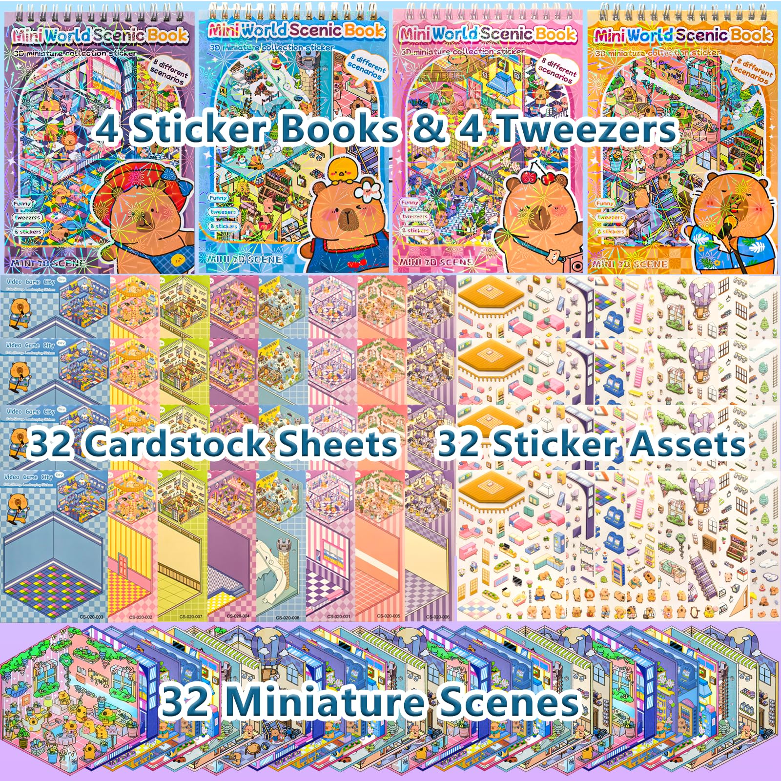 32 zestawy (1200+) naklejki 3D DIY dla dzieci i dorosłych z 4 naklejkami, stwórz własne domy, budynki, sklepy i park rozrywki sceny na imprezy, urodziny i prezenty