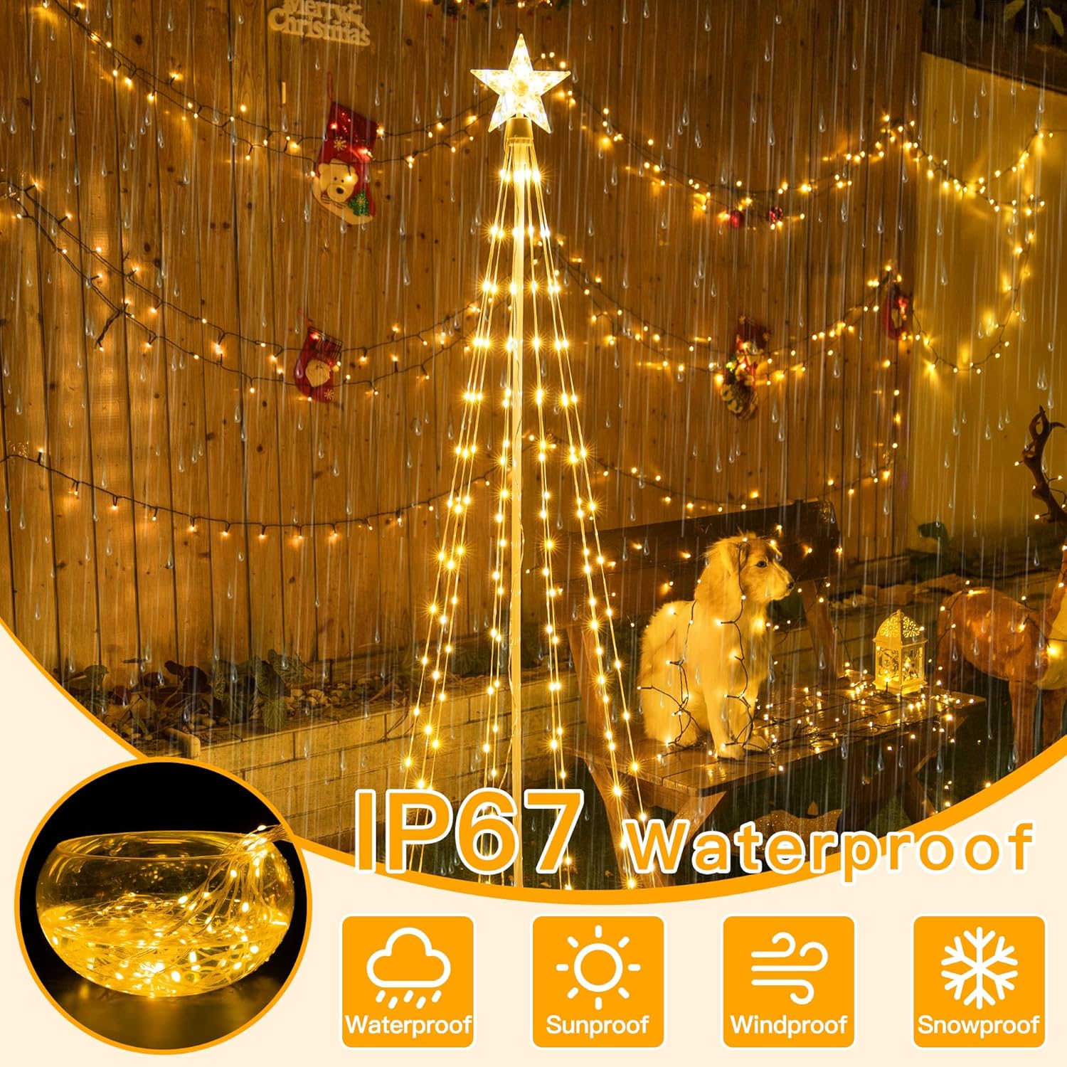Ollny Christmas Tree Lights, 6FT 170 LED Warm White Outdoor String Lights 8 Modes Timer Function IP65 Waterproof Star Light for Indoor Outside House Yard Xmas Decorations - Image 3