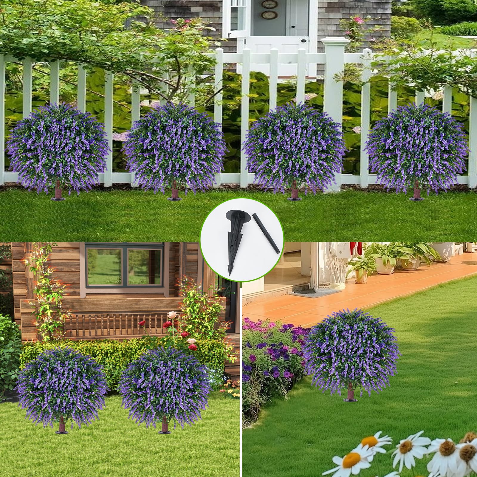 Árbol topiario de rosas artificiales, flores rojas resistentes a los rayos UV, juego de 2 con estacas para el suelo, plantas decorativas para interiores y exteriores (2, lavanda)