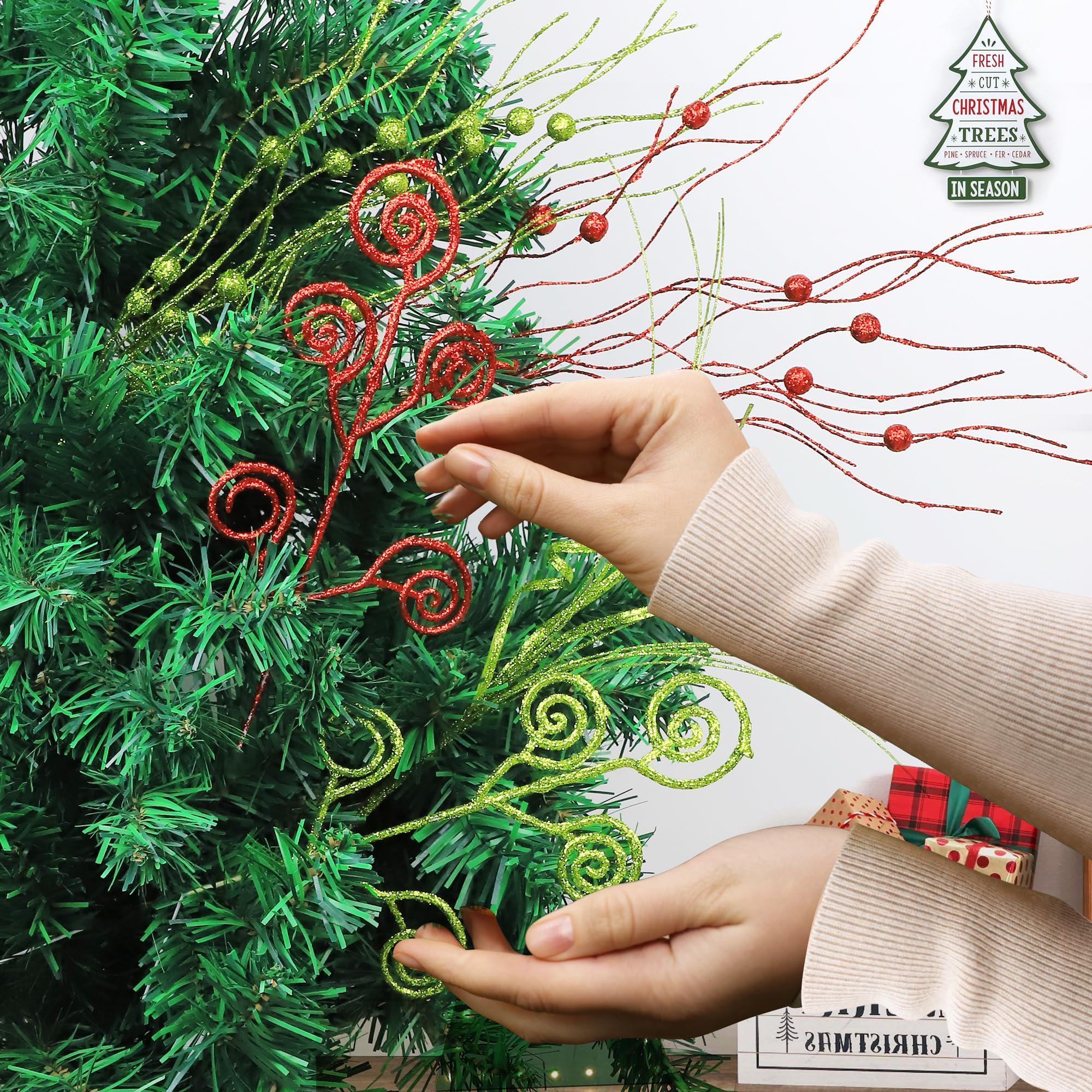 Tifeson Decoraciones de Navidad, color rojo y verde con purpurina artificial, tallos de bayas rizadas, rellenos de jarrones