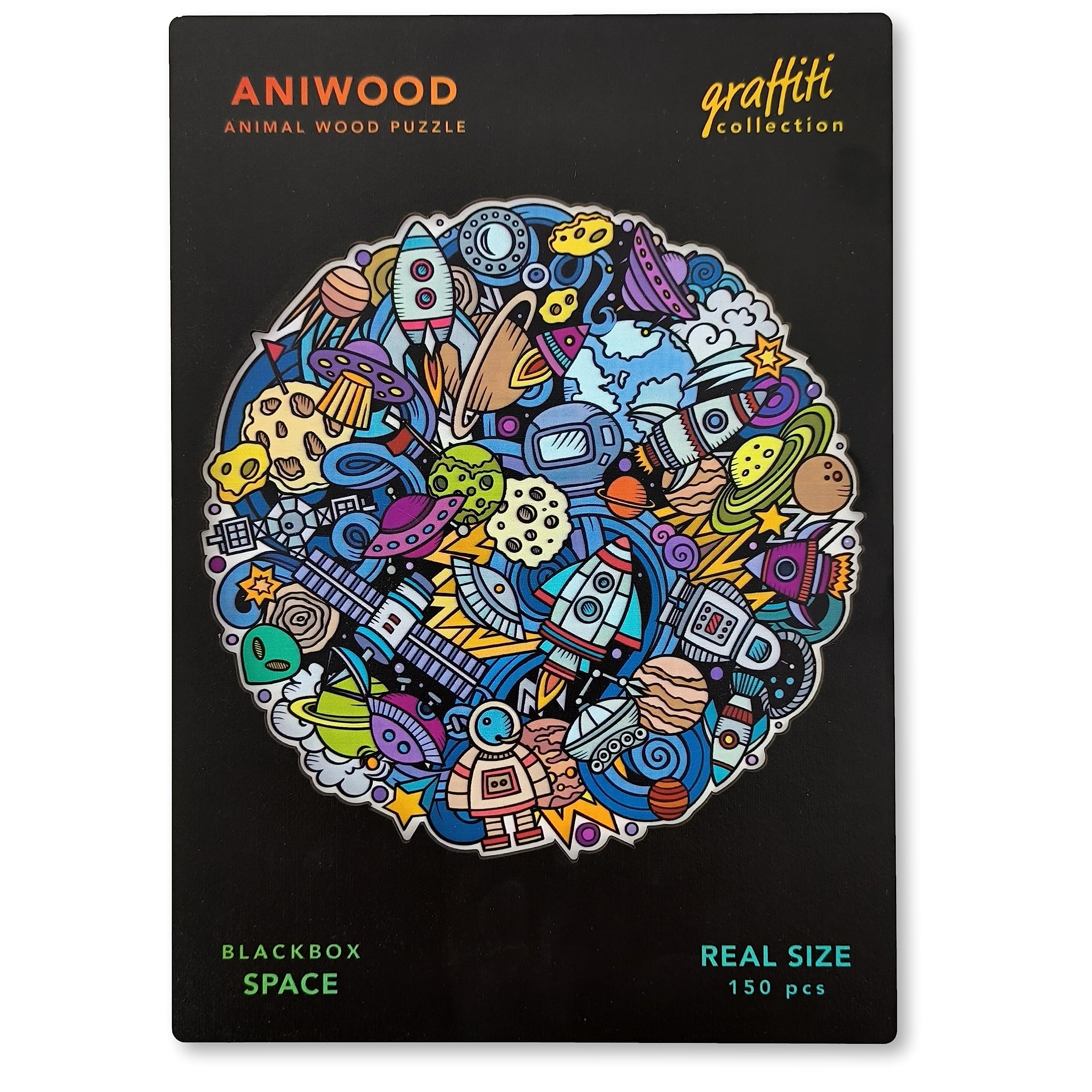 ANIWOOD Puzzle en Bois en Forme d'animal. Couvercle découpé à la Taille réelle du Puzzle. Contient des pièces Uniques d'animaux (Mandalas Espace, M)