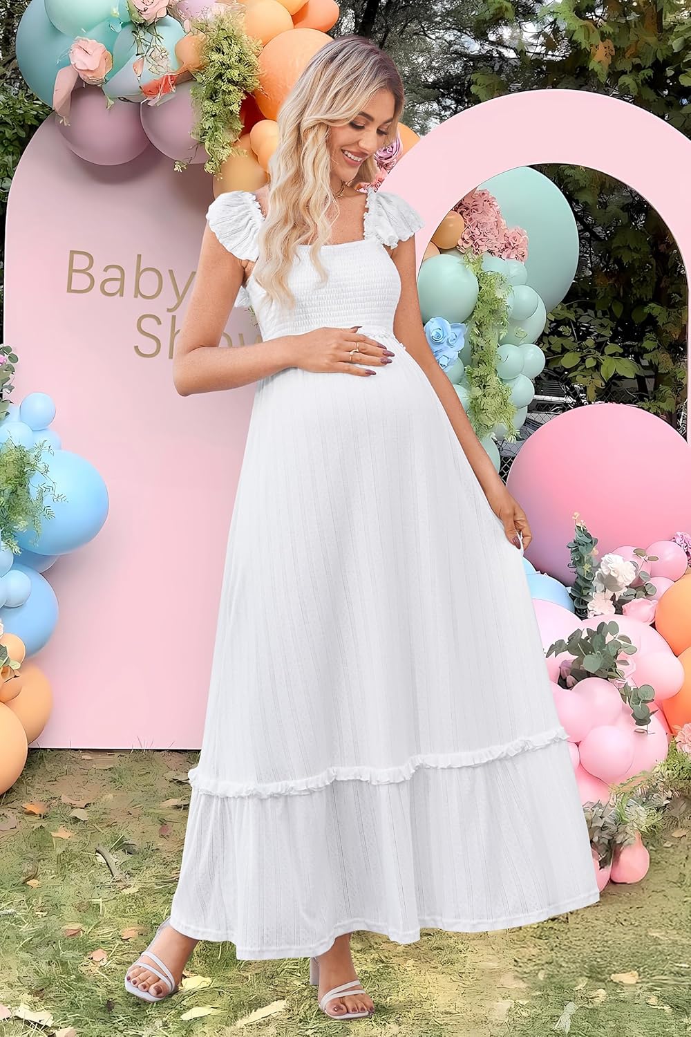 OUGES Womens 2026 Summer Maternity Photoshoot Dress Boho Maxi Smocked Baby Shower Dress Ruffle Sleeve Maternity Clothes - Image 6