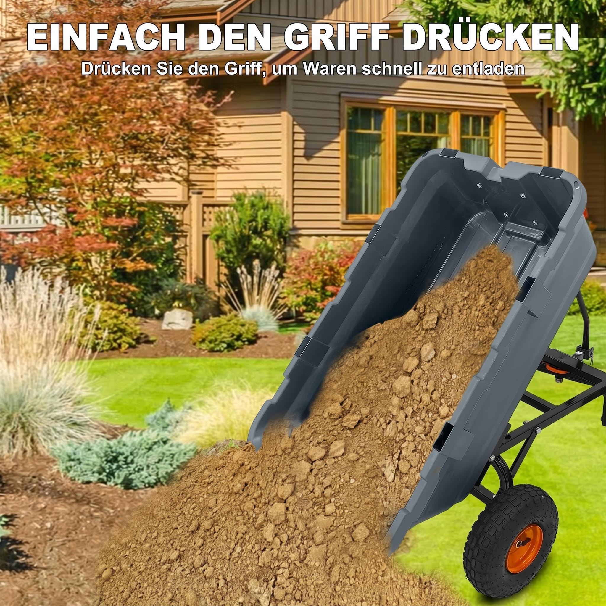 Gartenwagen mit Kippfunktion, Transportwagen für 408 kg | Zuladung, Mehrzweck Schubkarre mit 10 Zoll Luftlose Reifen, Einfache Montage und Langzeitiges Outdoor