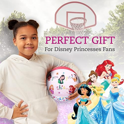 Miniatura 6 de Disney Princess Baloncesto tamaño 6, Ariel, Moana, Mulan, Bella y Rapunzel para interiores y exteriores, pelota deportiva juvenil para niños y
