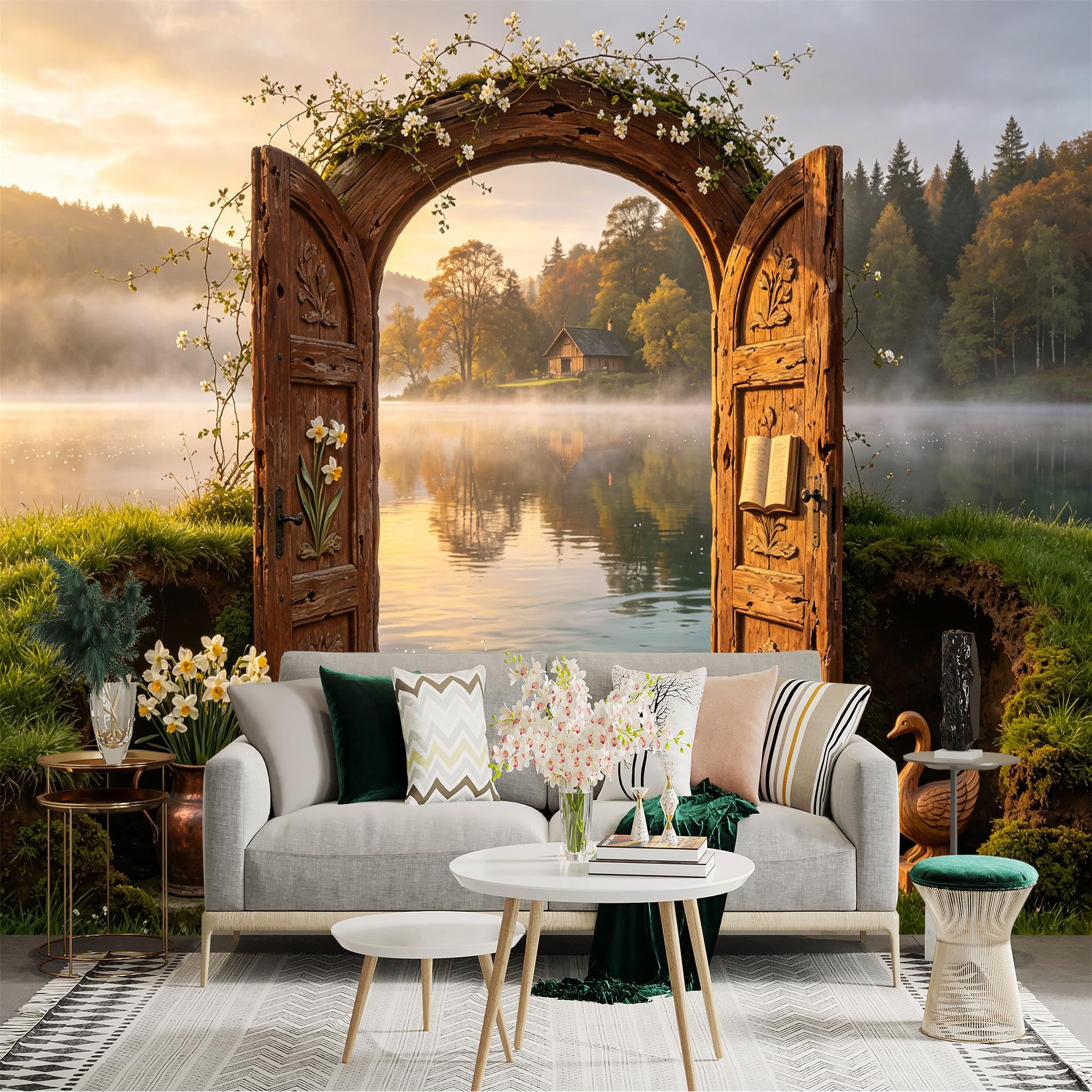 Custom Size Wall Sticker Mural， Rustic Wooden Archway by Misty Lake and Cottage， Nature Landscape， for wall Decoration， peelandstick wall Decals.