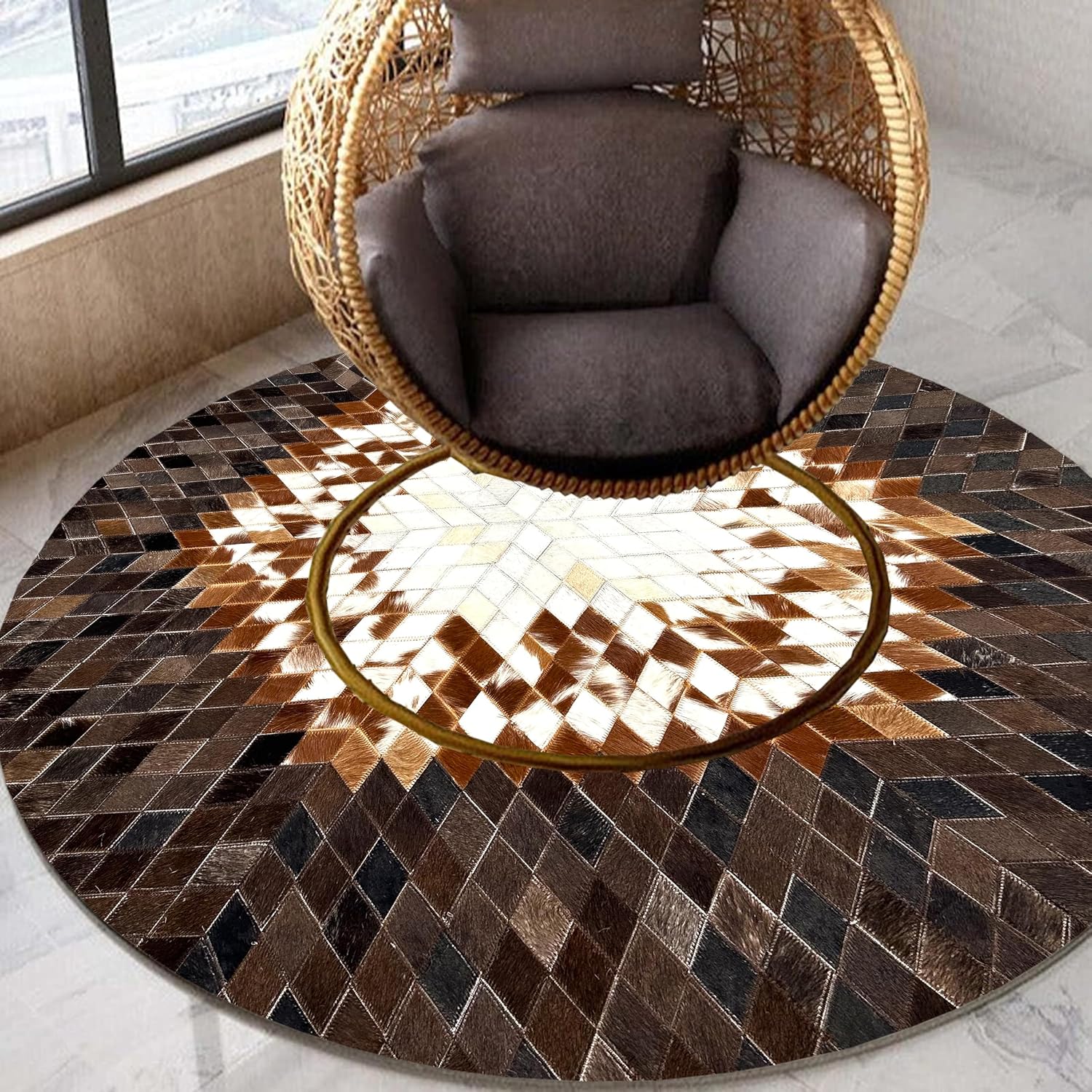 Premium Cowhide Leather Hand Made Rhombus Patterned Round Area Rug - 9X9 ft - Tan White, Premium Hand Made House Carpet for Living Room, Bedroom, Entryway