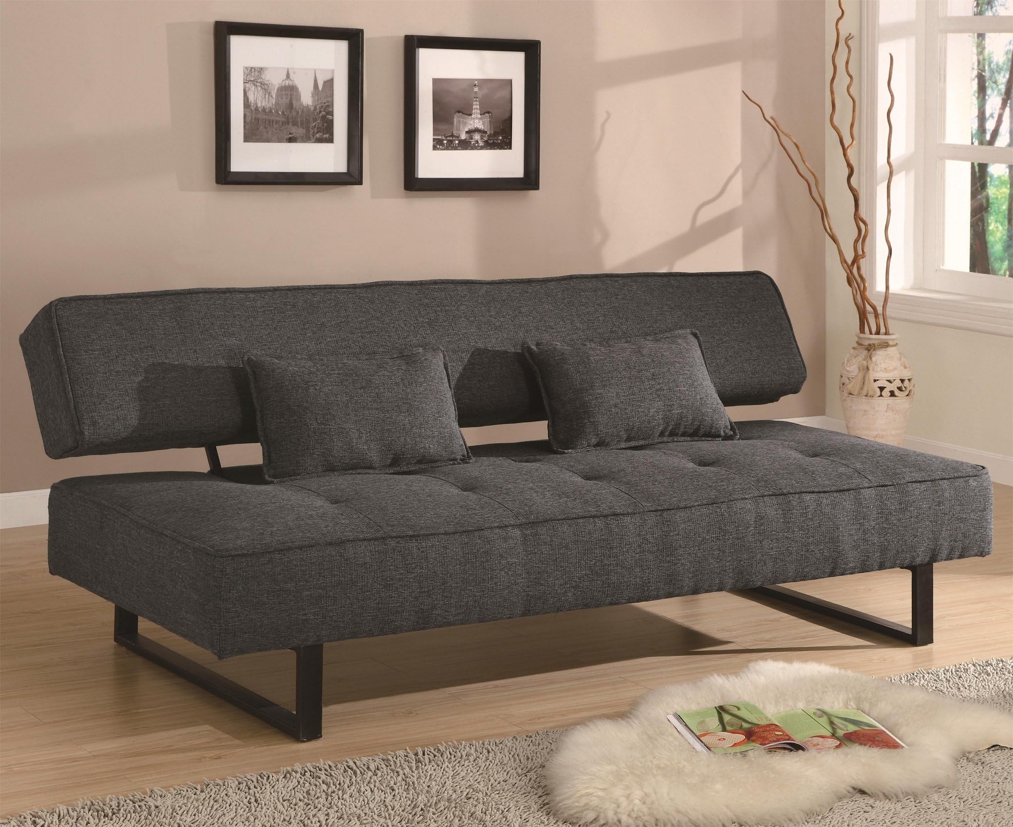 Contemporary Style Armless Sofa Bed in Grey Flax Upholstery with 2 Accent Pillows!