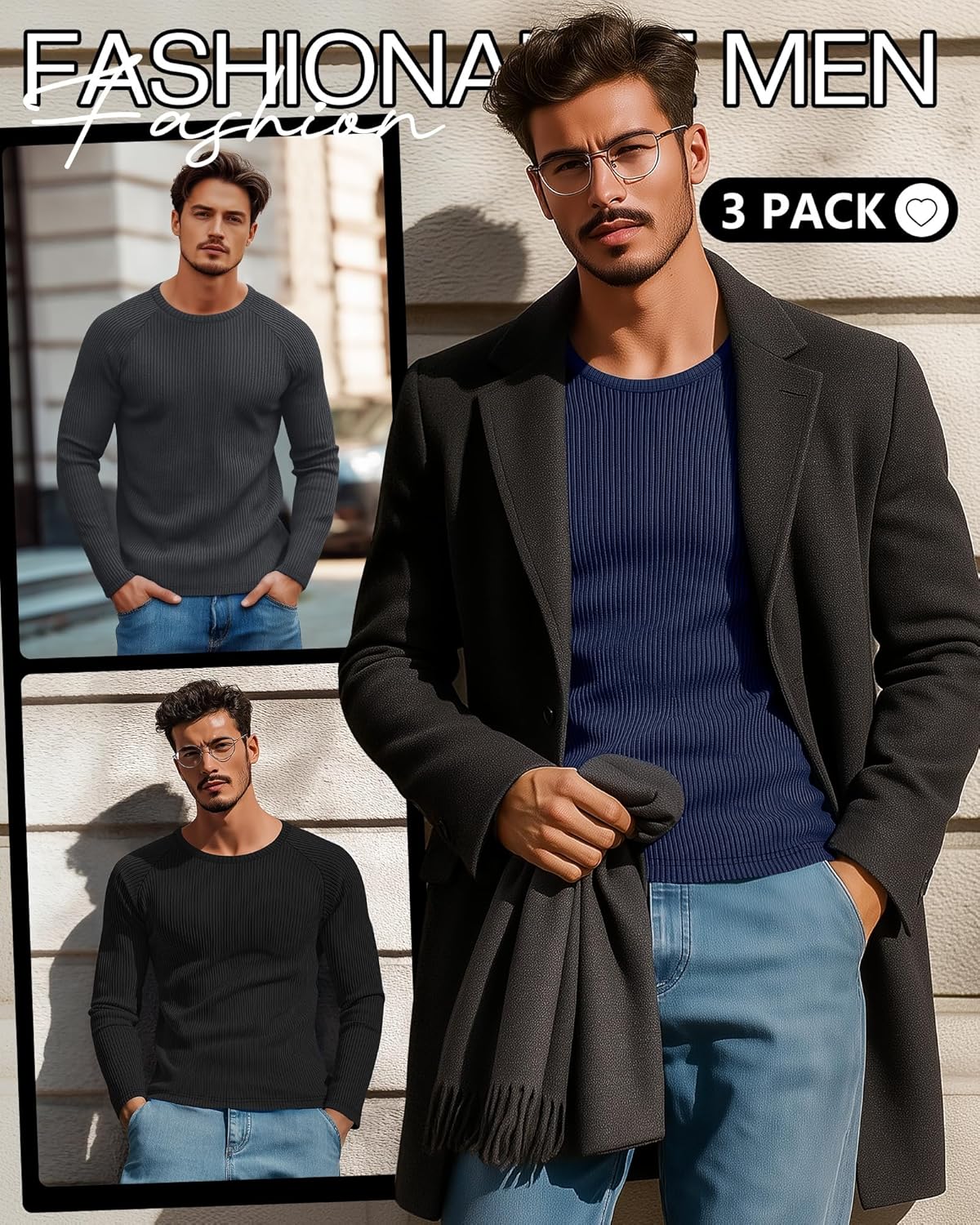 3 Pack Men's Ribbed Thermal Long Sleeve Shirts 90% Cotton Crew Neck Pullover Tops Slim Fit Winter Undershirts - Image 4