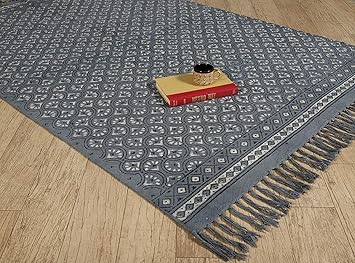 Ravaiyaa - Attitude is everything Cotton Block Printed Floor Mat Carpet Dari Throw (Grey, 6' x 4' Feet)