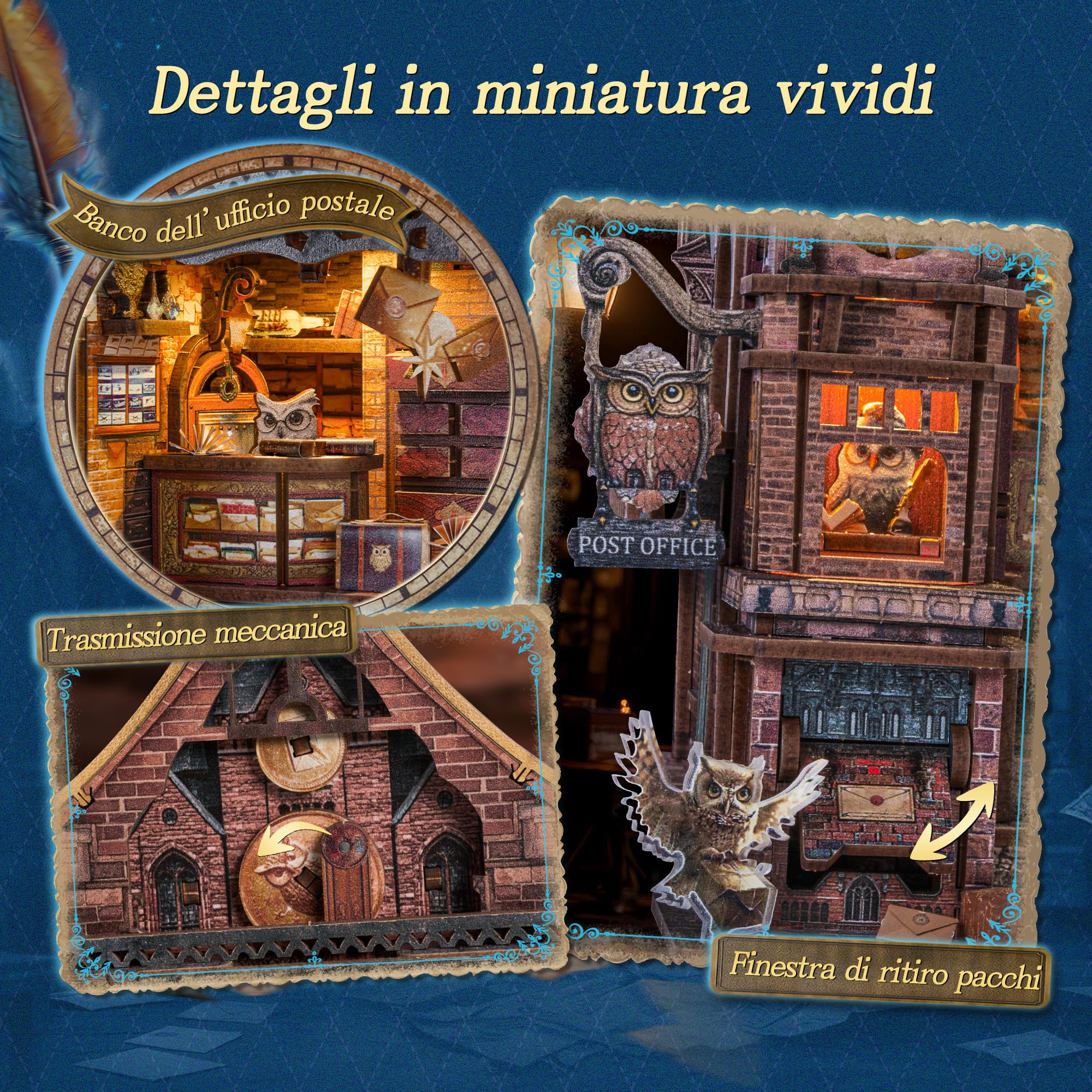 FUNPOLA Puzzle 3D in legno con LED Ufficio Postale del Gufo – Modello dinamico con ingranaggi meccanici, kit miniatura DIY con musica e luci LED, regalo decorativo per adulti e ragazzi