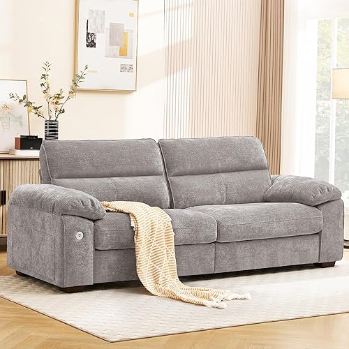Ihanherry 92" Modern Sofa for Living Room, Deep Seat Chenille Couch with Fast Charging Port & Removable Washable Cushions, Pillow-Armrest Loveseat for Small Space/Apartment, Sturdy Frame, Grey
