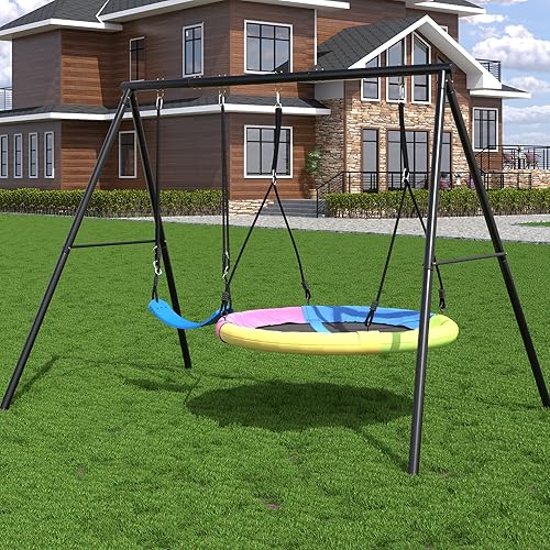 EROMMY Columpio de platillo con marco para niños al aire libre, juegos de columpio de 440 libras para patio trasero con platillo de 39.4 pulgadas y