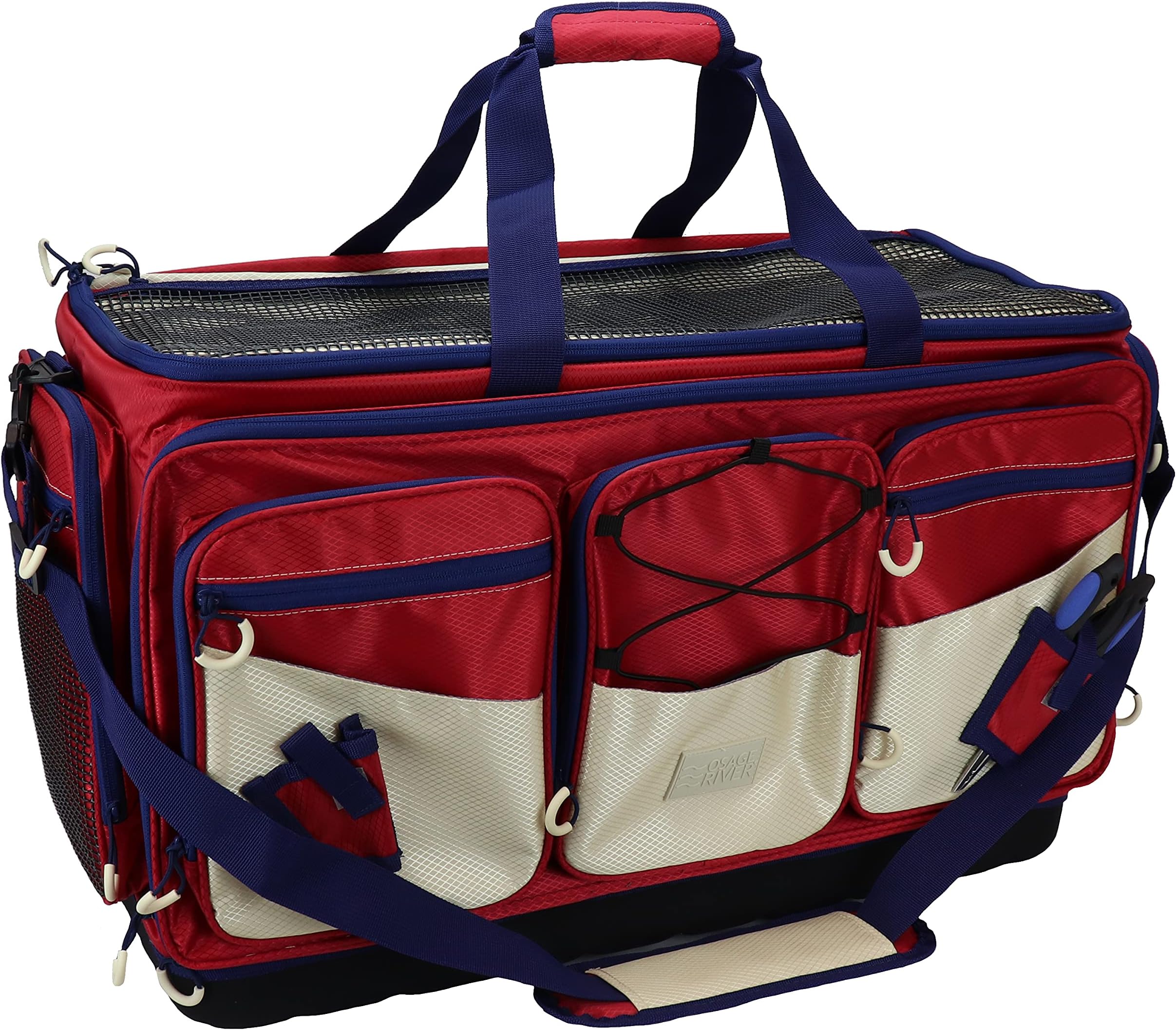 OSAGE RIVERLarge Fishing Tackle Bag, Saltwater Fishing Gear Bag, Tackle Box Organizer with Waterproof Non-Slip Bottom, Padded Shoulder Strap, and Fishing Pliers, Fishing Gifts for Men, Red