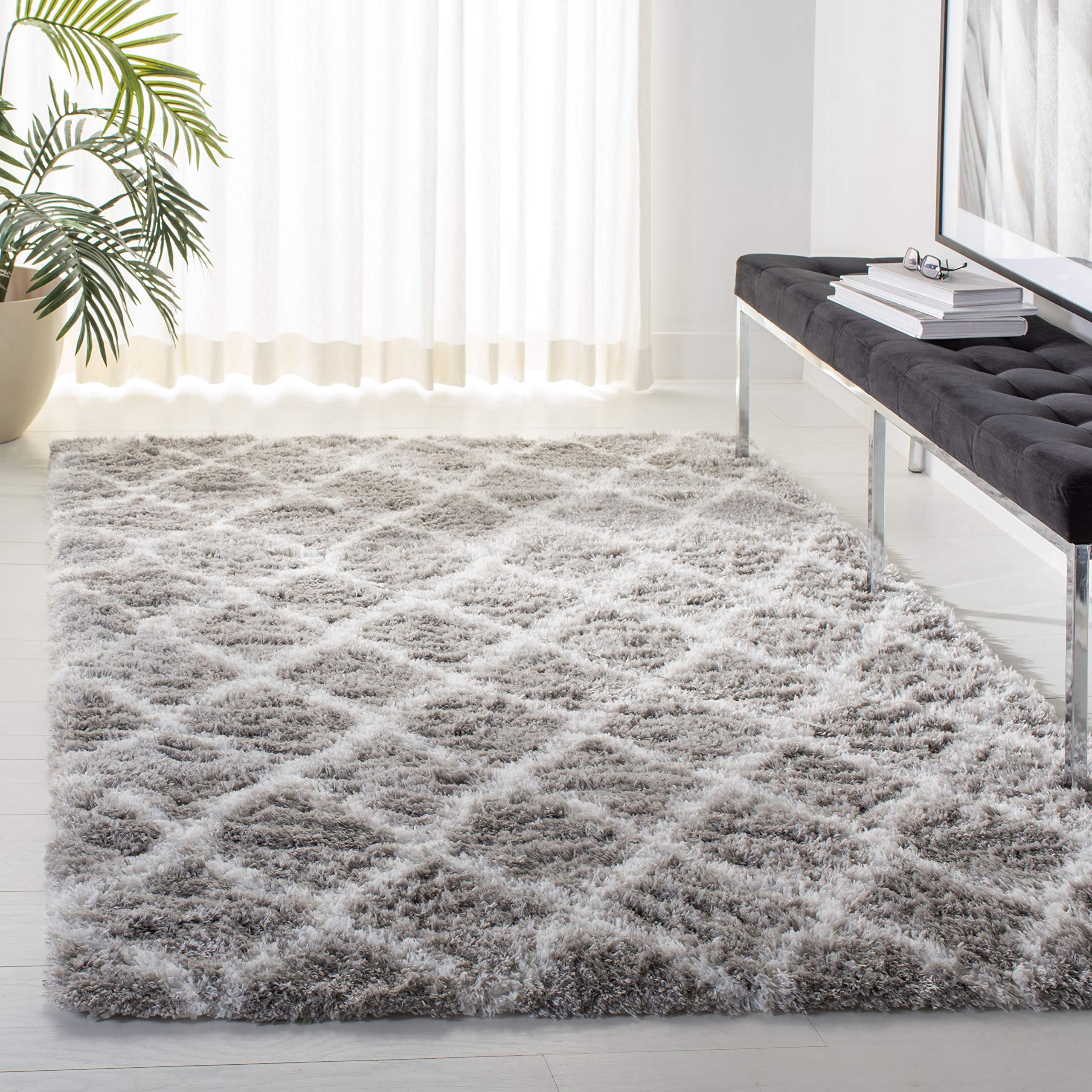 SAFAVIEH Indie Shag Collection Area Rug - 6'7" x 9'2", Grey & Ivory, Trellis Design, Non-Shedding & Easy Care, 2-inch Thick Ideal for High Traffic