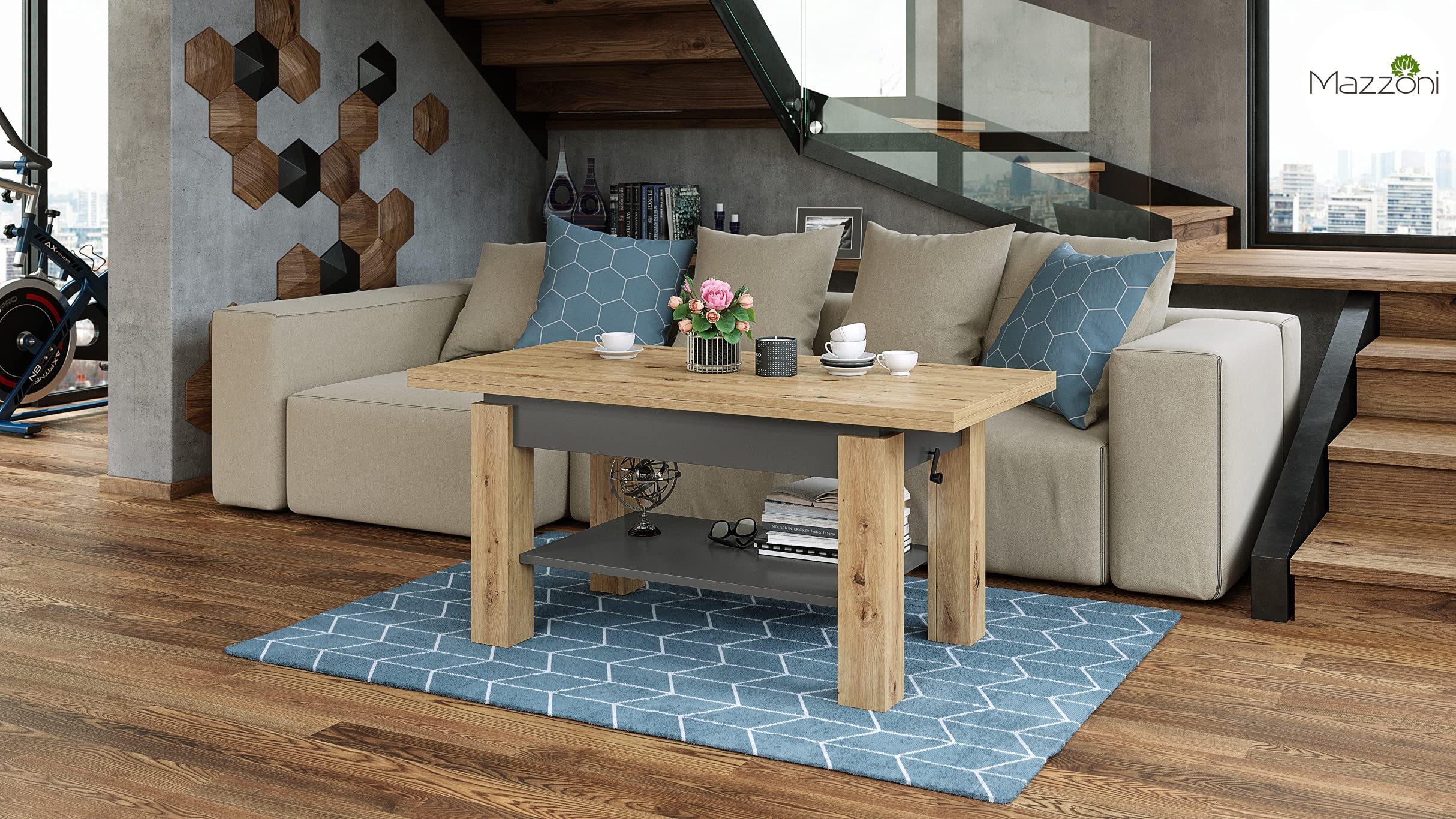 designimpex Design Couchtisch Tisch Arbeitstisch Brawo höhenverstelbar aufklappbar, Farbe:Eiche Artisan - Anthrazit matt