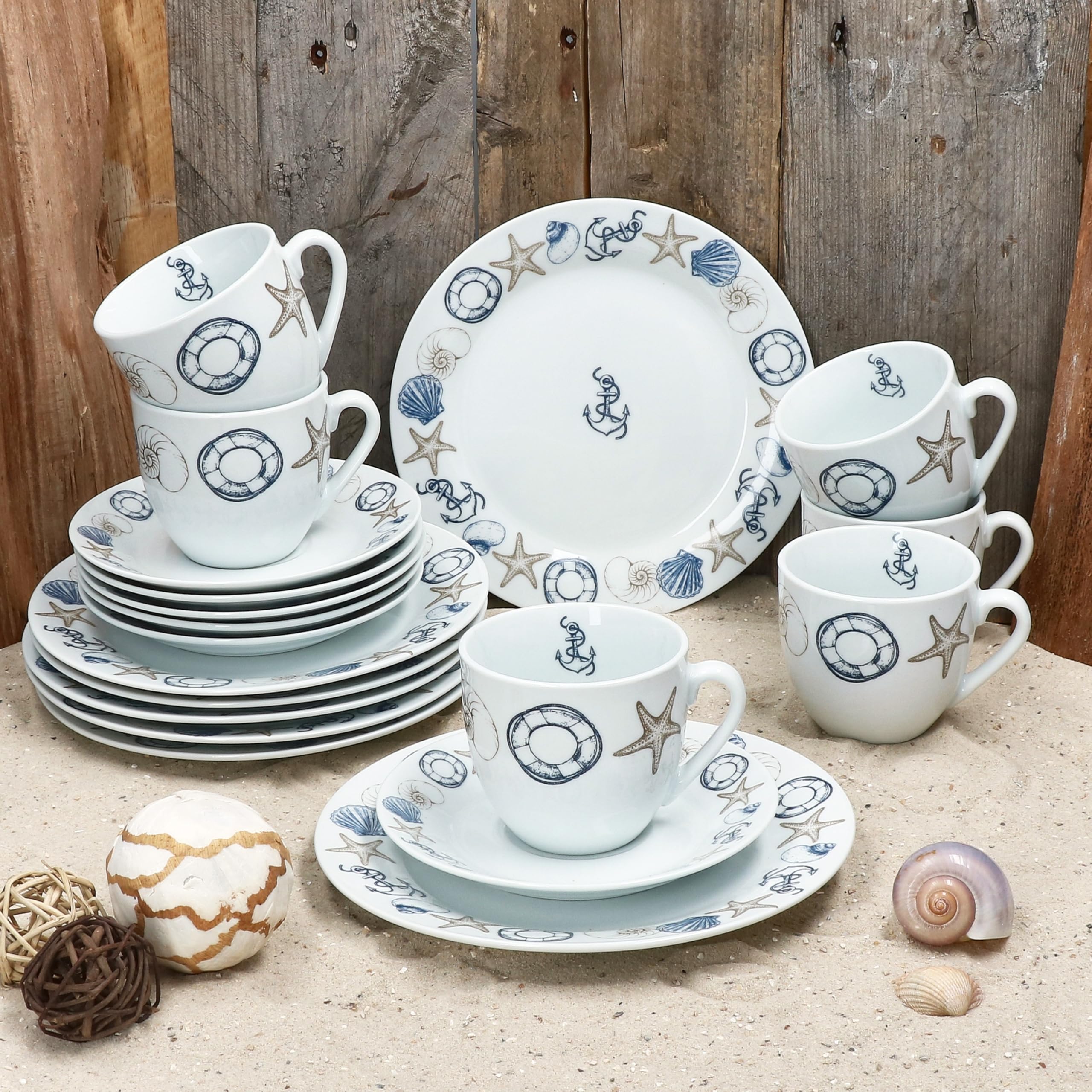 MamboCat Neptun Service à café 18 pièces I Vaisselle en porcelaine avec motifs maritimes Ancre, Coquillage & Co pour 6 personnes I 6 tasses de 200 ml, soucoupes et assiettes pour petit déjeuner et