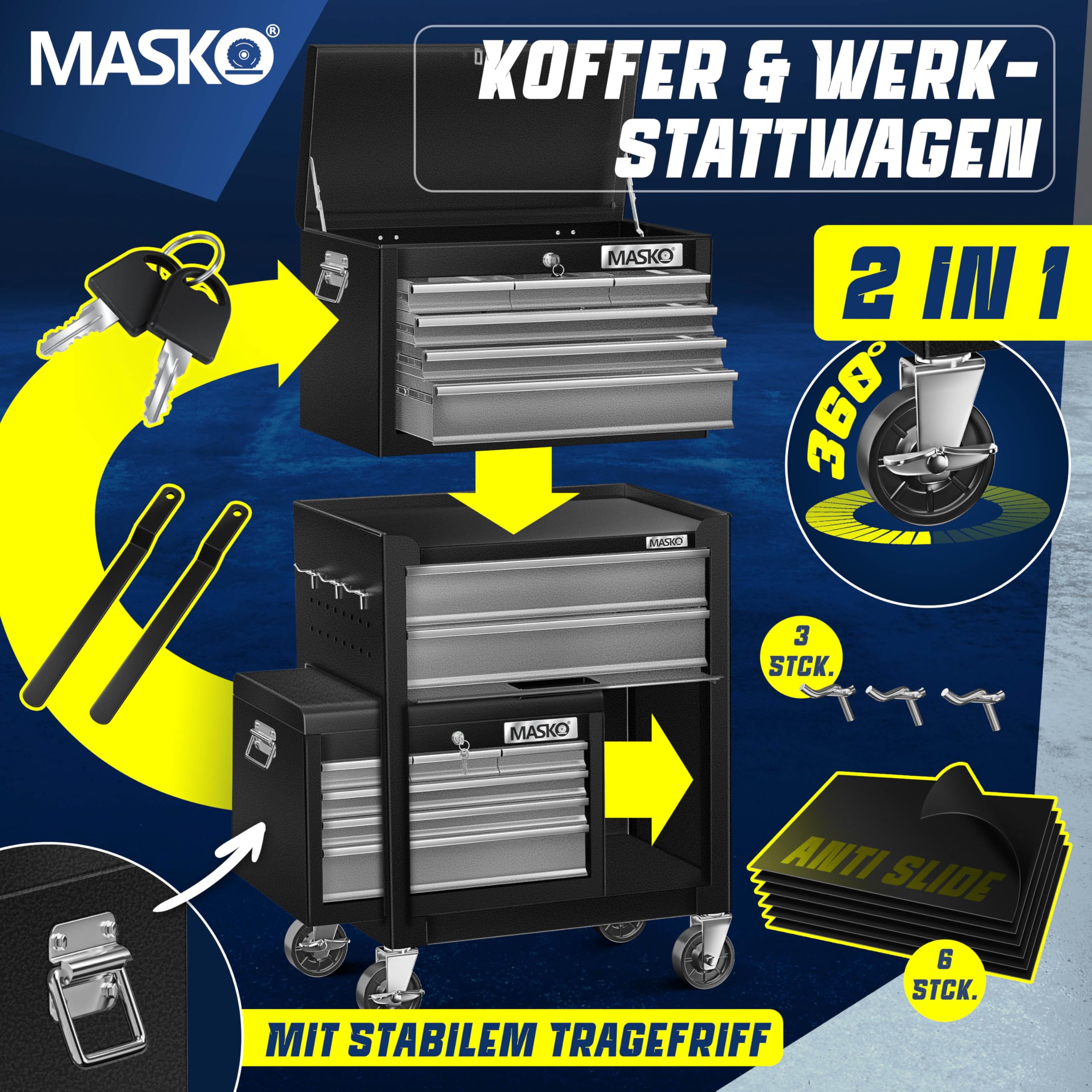 MASKO® Werkstattwagen inkl. Koffer - 9 Fächer Abschließbar | Massives Metall | Mobiler Werkzeug-Wagen ohne Werkzeug | Profi| Rollwagen zur Werkzeugaufbewahrung mit Schloss | Schwarz/Grau