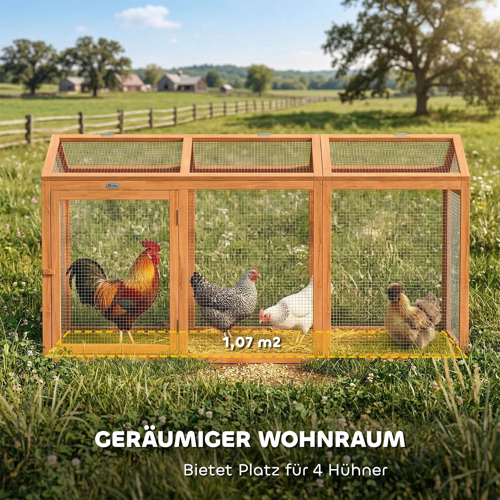 PawHut Hühnerstall mit Sitzstange Doppeltüren 156 x 70,5 x 84 cm Orange | Freilaufgehege, Hühnergehege, Hühnerkäfig aus Holz und Metall, Freigehege für 4 Hühner, Kleintiere