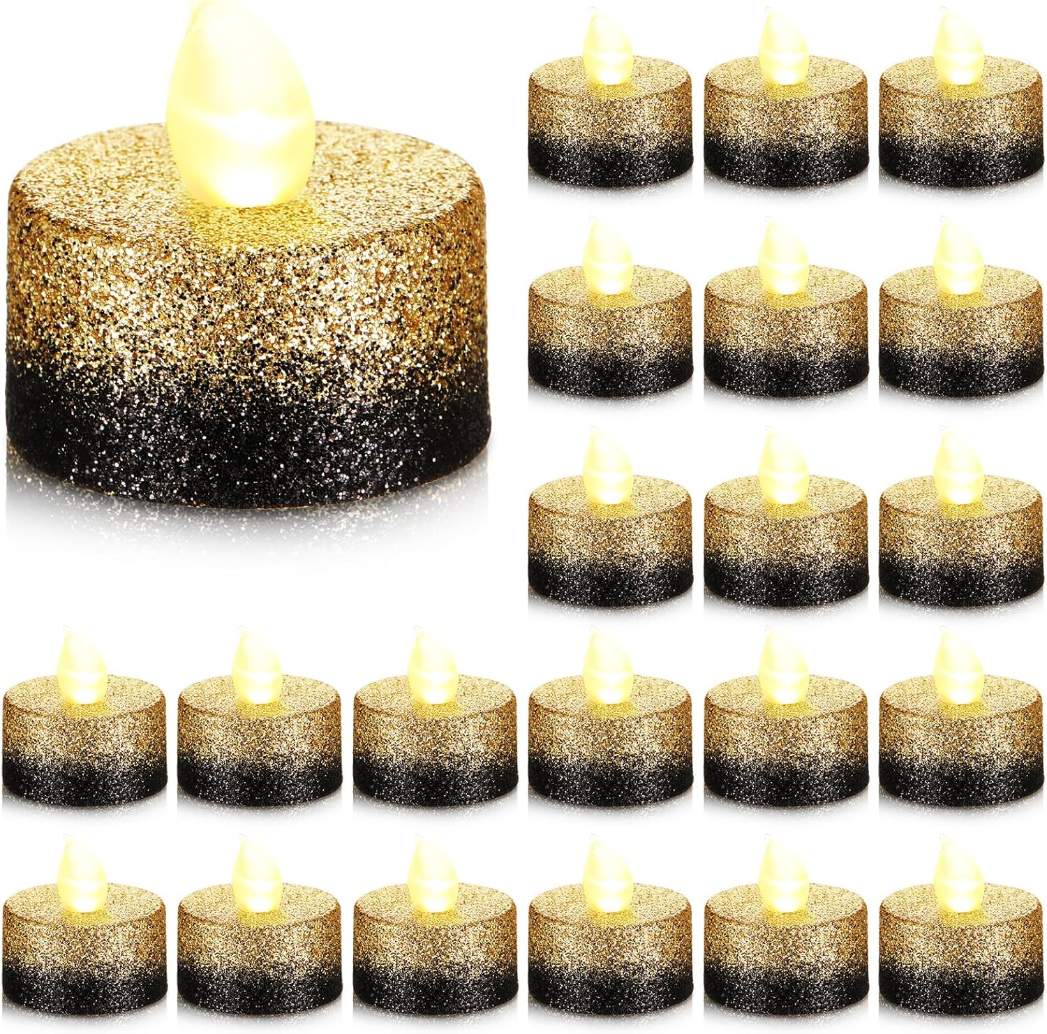 Retisee 48 Pcs Flameless LED Tea Lights Gold Black Glitter Electric Fake Candles for Centerpieces Battery Operated Anniversary Decorations Romantic Winter Decor for Wedding Festival Christmas Birthday Gold,Black 1.65 Inch