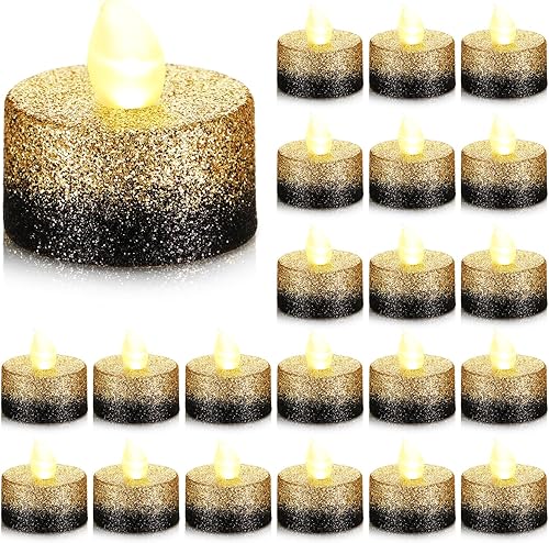 Retisee 48 velas LED sin llama, velas falsas eléctricas con purpurina dorada y negra para centros de mesa, funciona con pilas, decoración romántica