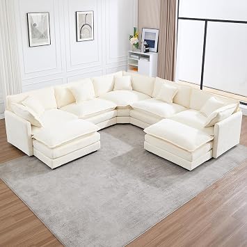 Tmsan 113.4" Deep Seat Sectional Cloud Sofa with 2 Ottomans, Oversized U Shaped Modular Couch, Large 7 Seater Corner Couches for Living Room, Beige Chenille