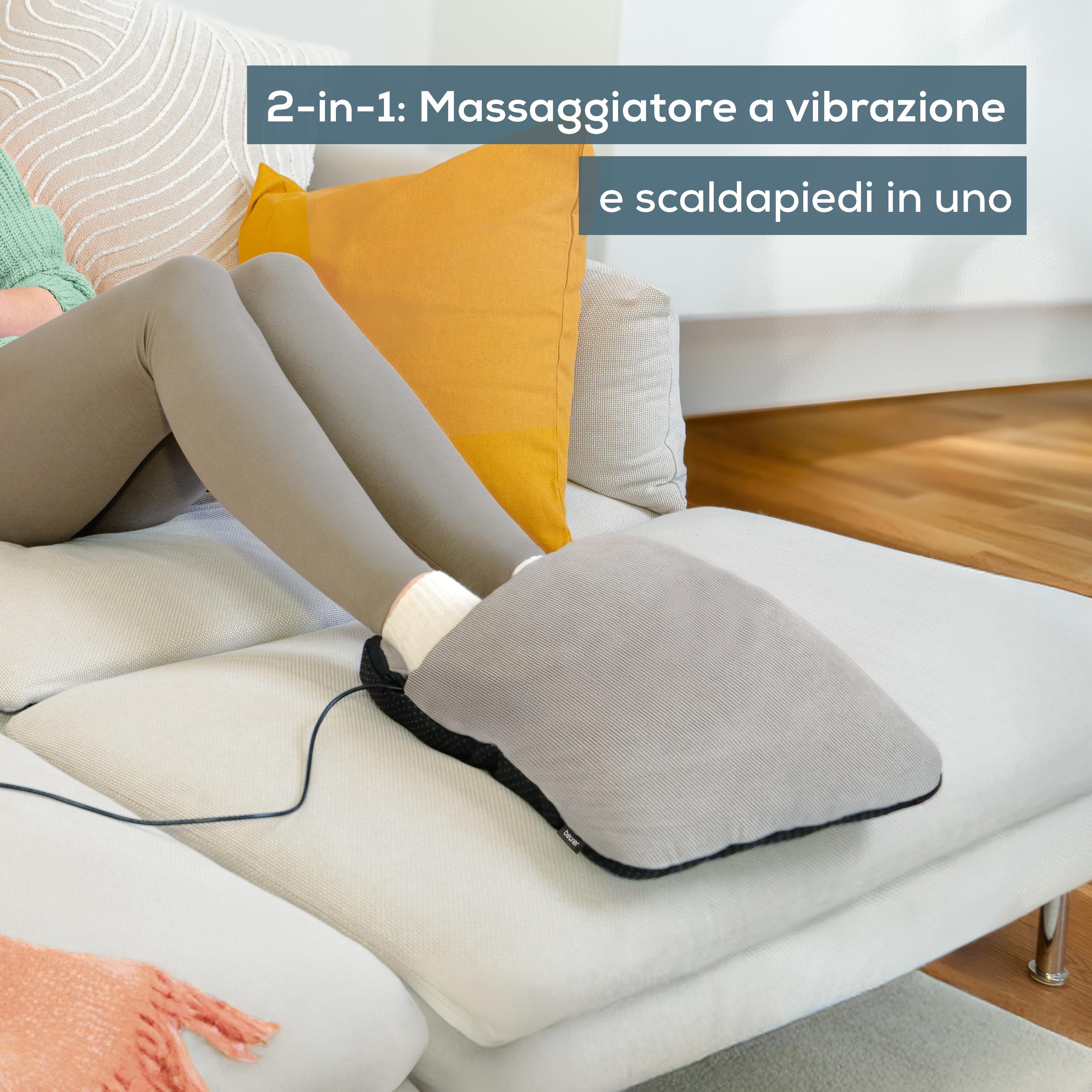 Beurer FM 28 Massaggiatore Piedi 2 in 1 con Calore e Vibrazione, 3 Programmi, Morbido Tessuto a Coste, Scaldapiedi Elettrico Compatto con Cavo USB-C, per Casa e Ufficio, Grigio