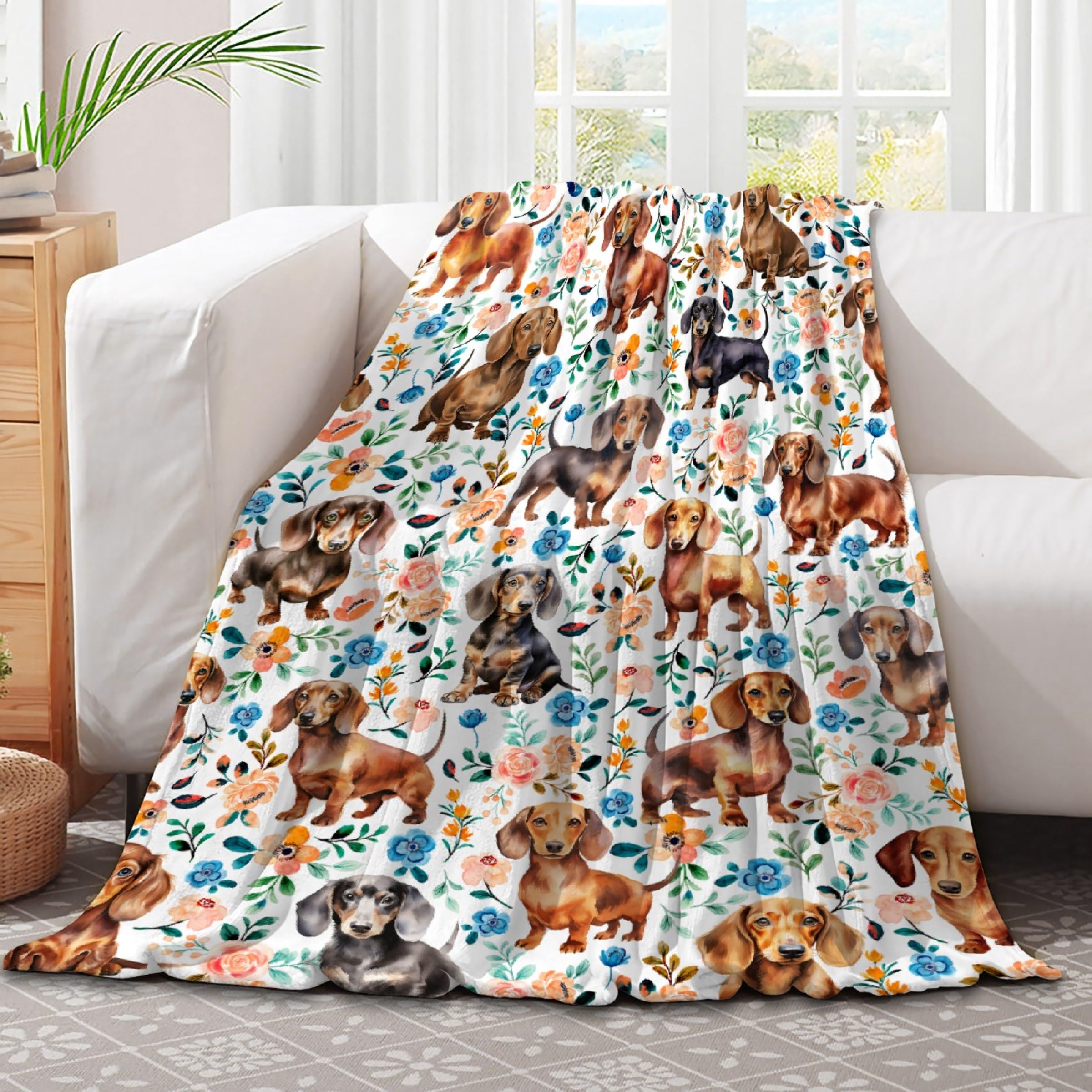 JL-JOYLIVELY Dachshund Blanket for Women - Floral Wiener Dog Pattern Gift for Animal Lovers, Dachshund Decor, 50