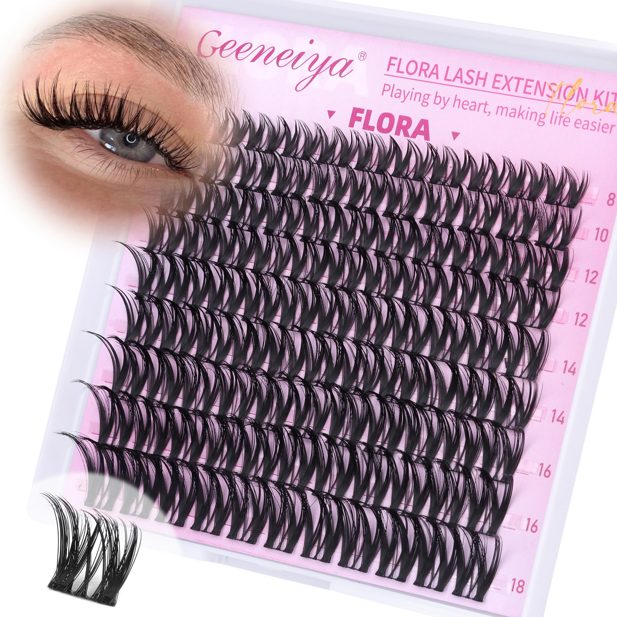 Geeneiya FLORA Lash Clusters 8-18MM Wispy Eyelash Clusters Natural Cluster Lashes for Beginners Waterproof Cluster Eyelash Extensions DIY