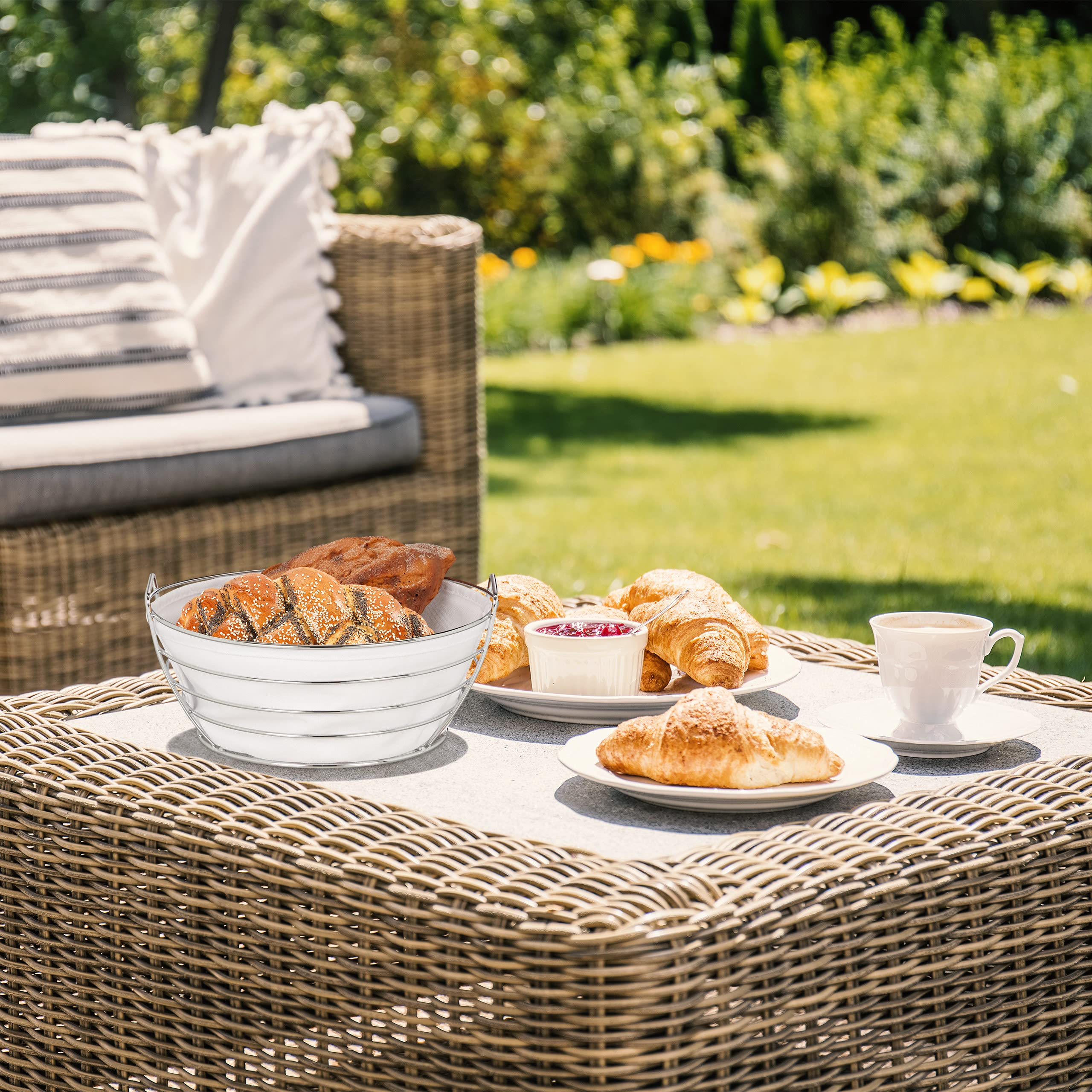 Relaxdays Cestino Portapane da Colazione in Metallo, Inserto in Stoffa, Rotonda, Rimovibile, Lavabile, in Grigio