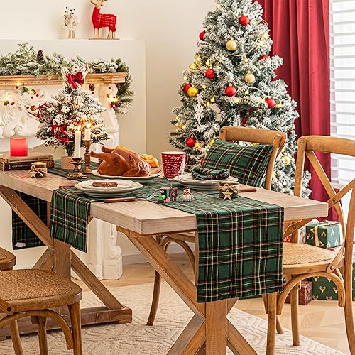 Miniatura 10 de Camino de mesa de Navidad a cuadros rojos, camino de mesa de copo de nieve de vacaciones de invierno de 72 pulgadas de largo, decoraciones de