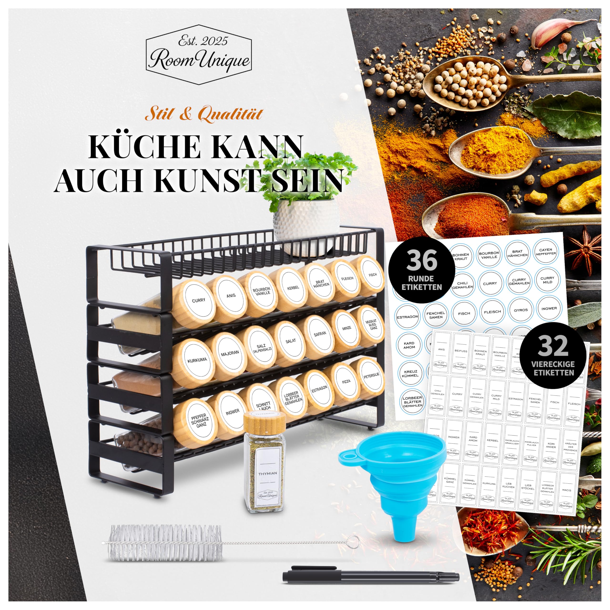 Gewürzregal mit Gewürzgläsern | 21 Gläser a 120 ml mit Bambusdeckel | Etiketten | Streueinsätze | Trichter+Bürste | Metallregal 36,6×25×11 cm | Modular + beschriftbar | inkl. Marker