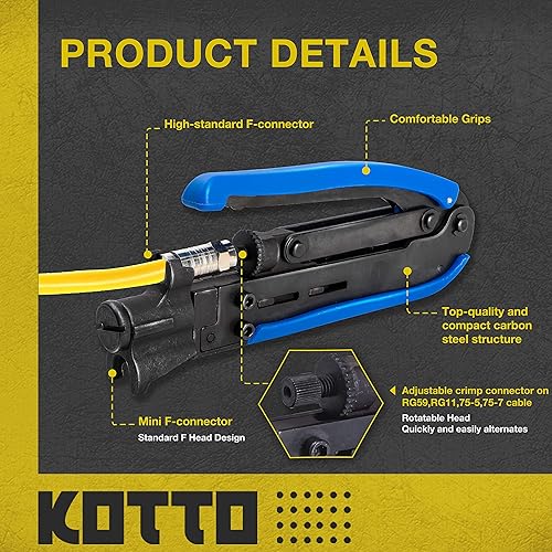 Miniatura 3 de KOTTO - Kit de crimpadora de cable coaxial – Herramienta de compresión ajustable para RG6, RG59, RG11 – Incluye pelacables coaxiales y conectores de