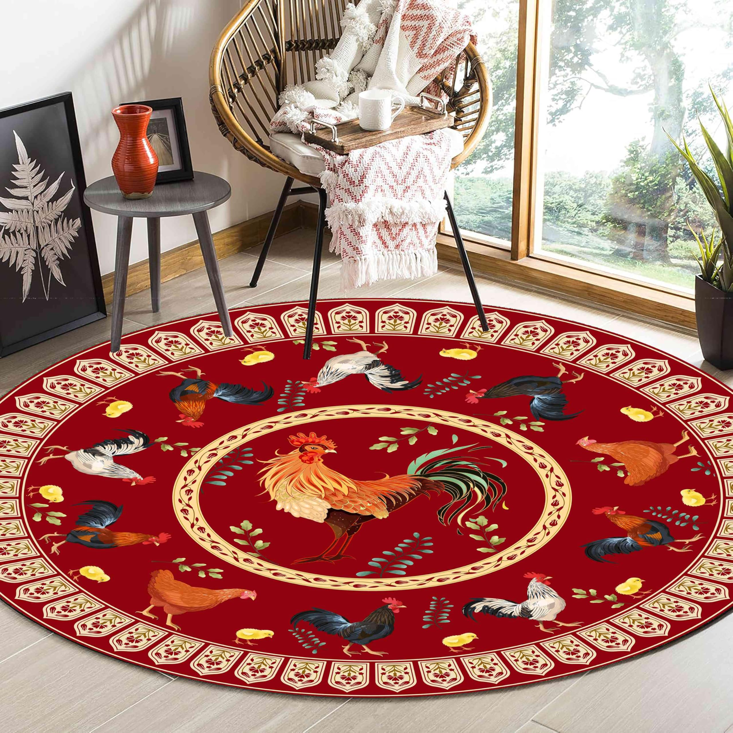 Round Farmhouse Rooster Rug 3.3ft Rustic Country Vintage Floral Rooster Hen Chick Leaf Print Rug, Non-Slip Washable Circle Rug Chicken Floor Mat for