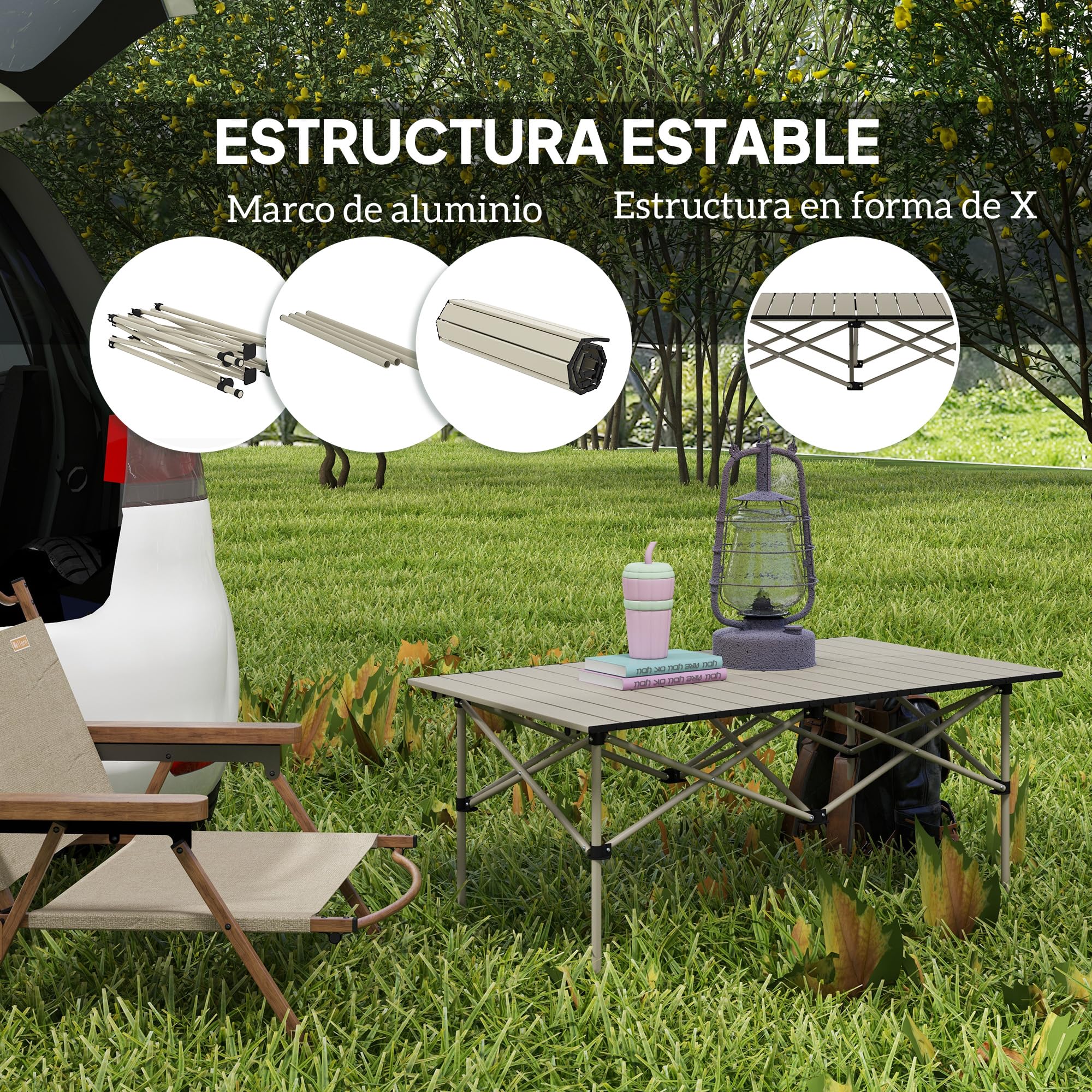 Outsunny Mesa Plegable Camping de Aluminio 95x55x50 cm con Tapa Enrollable y Bolsa de Transporte Mesa de Picnic Portátil Ligera para Acampar Senderismo Playa Caqui