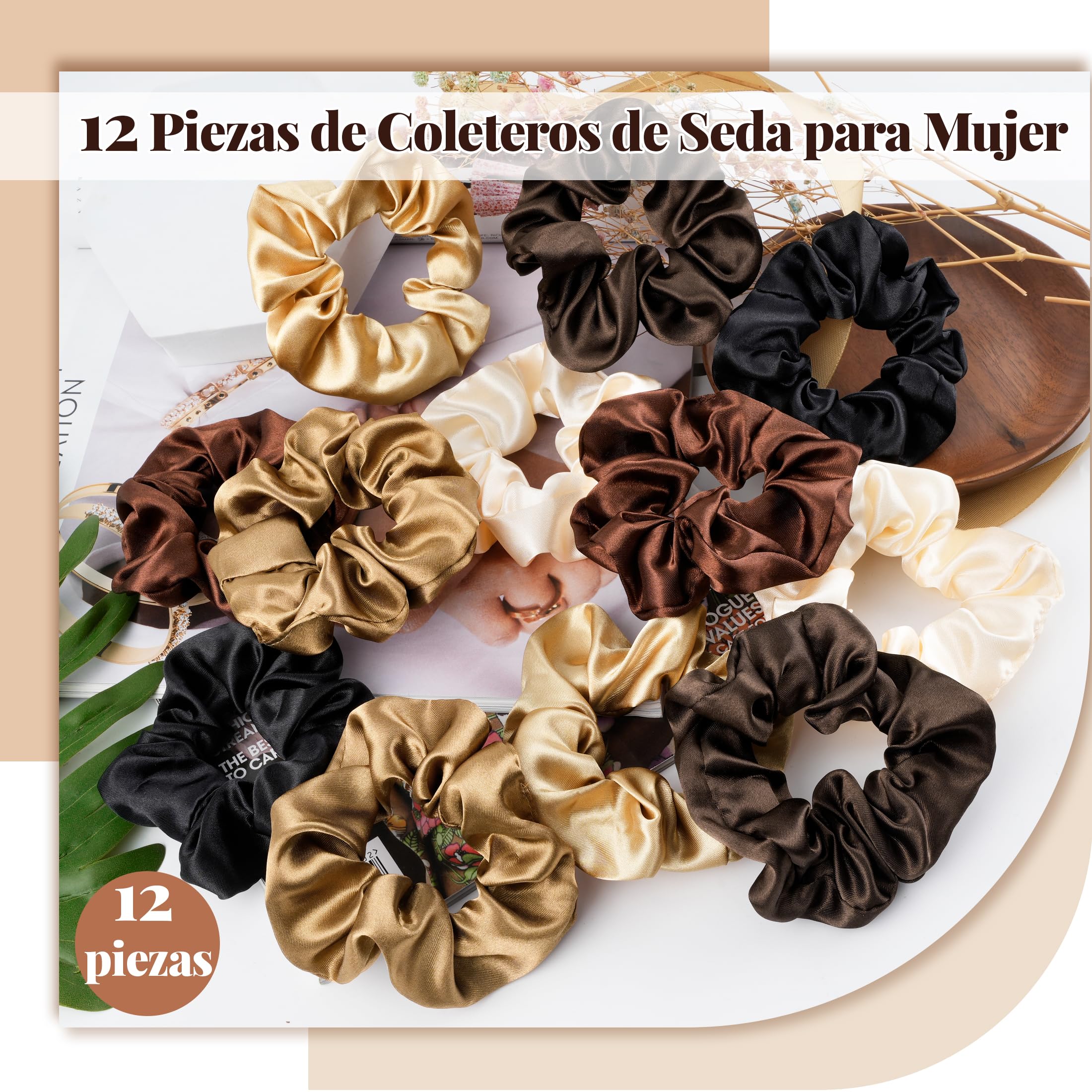 12 Piezas Coleteros Pelo Mujer, Coletero Seda de Satén para Mujeres y Niñas, Scrunchies Gasa Elásticos para Cabello Rizado y Liso, Gomas de Pelo Suave y Durables (6 colores, 9 cm)