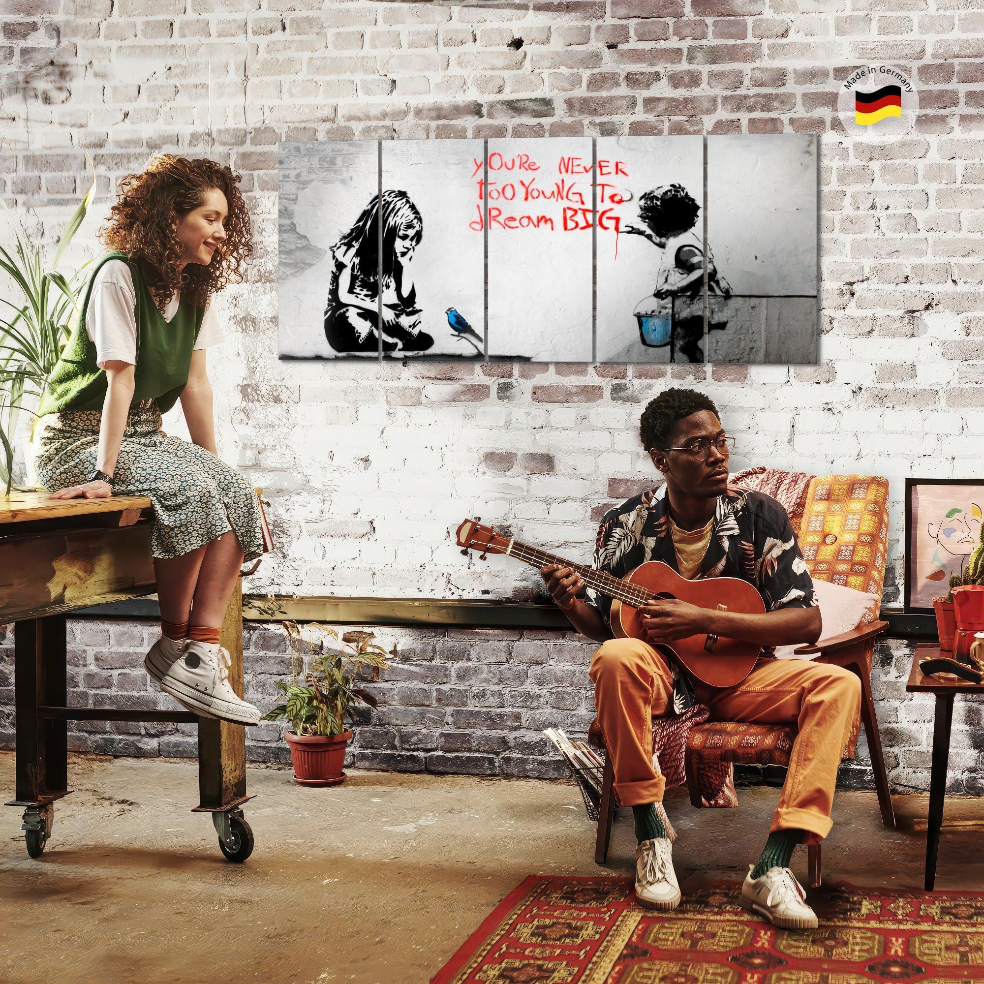 Runa Art Wandbild XXL Mädchen mit Vogel Loft Wohnzimmer 200 x 80 cm Grau Blau 5 Teilig - Made in Germany - 040655a