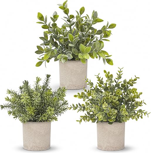 Der Rose 3 Pack Mini Potted Fake Plants Artificial Plastic Eucalyptus Plants for Home Office Desk Farmhouse Room Decor