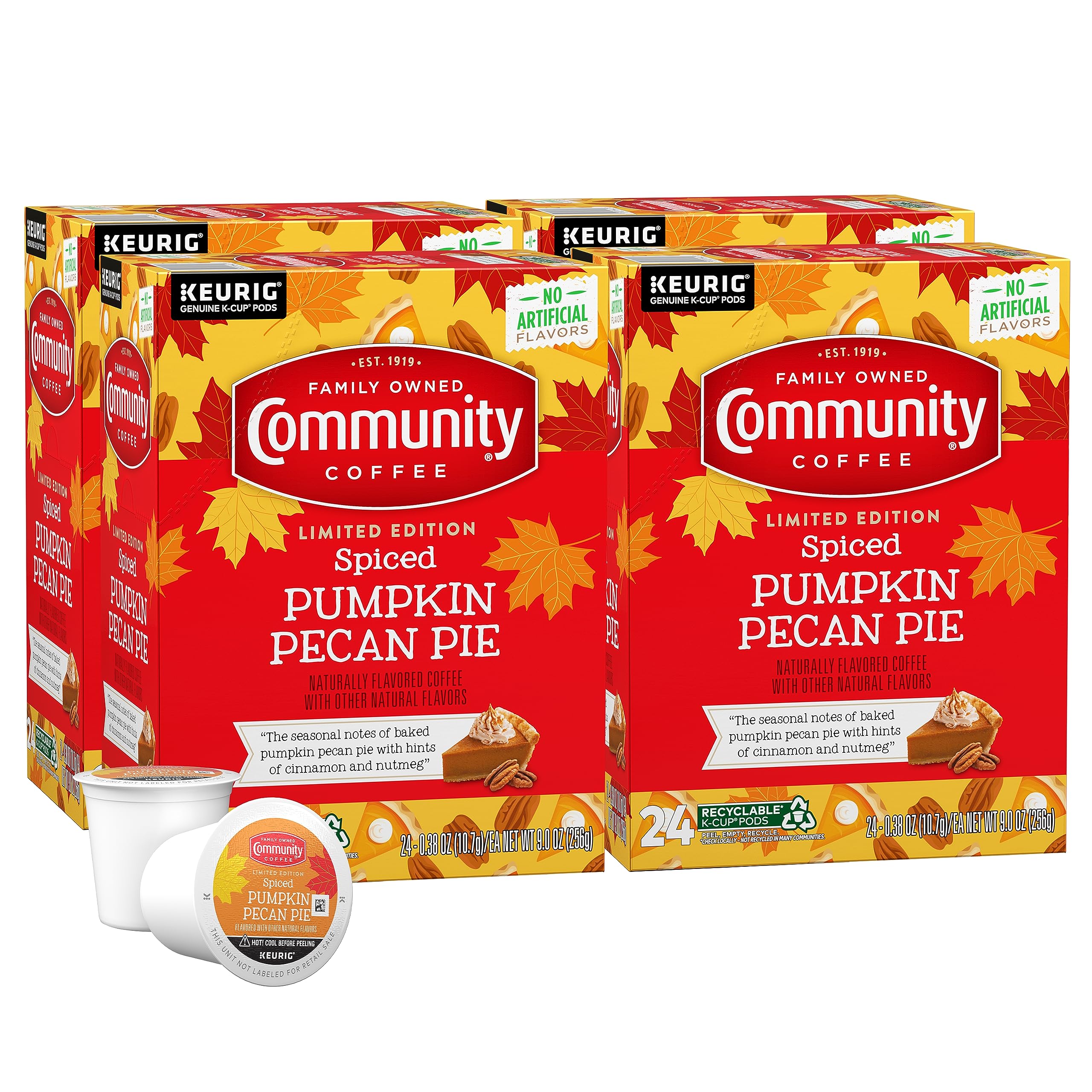 Community Coffee Przyprawiony smak ciasta z dyni i orzechów, 96 sztuk, saszetki z kawą, średnio palone, kompatybilne z zaparzami Keurig 2.0 K-Cup, 24 sztuki (4 sztuki)