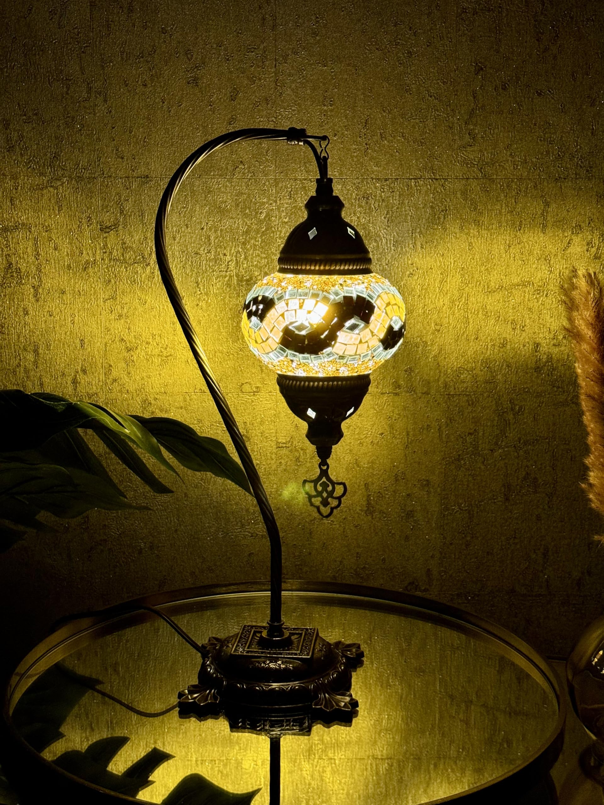 Lightza Handmade Turkish Moroccan Mosaic Desk Lamp LED Bulb | Swan Neck Unique Globe Lampshade Table Light | UK Tested Safe Energy Efficient (Golden & Black) โ image 1